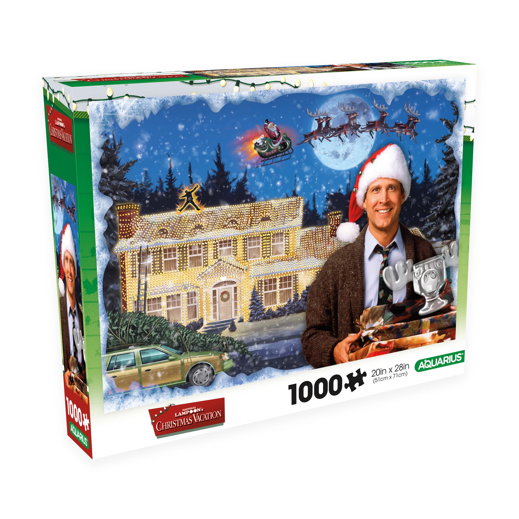 Christmas Vacation Glitter Snow 1000 Piece Puzzle. Packaging showing the Griswold house lit with Christmas lights, the station wagon with tree and Clark in his Santa hat with the famous moose cup.