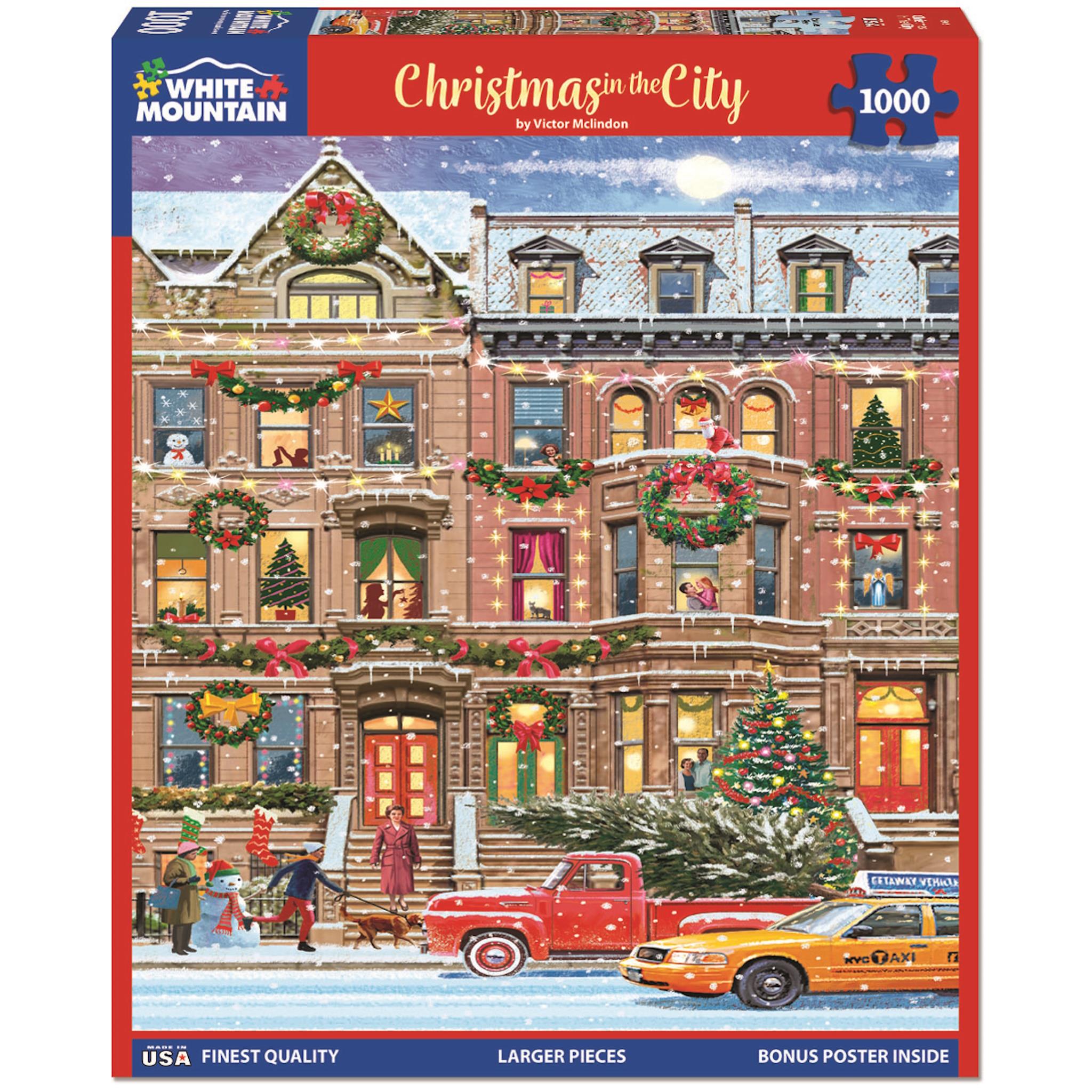 A 1000 piece jigsaw puzzle box featuring an illustrated scene of Christmas in the City with decorated brownstones and holiday decorations.