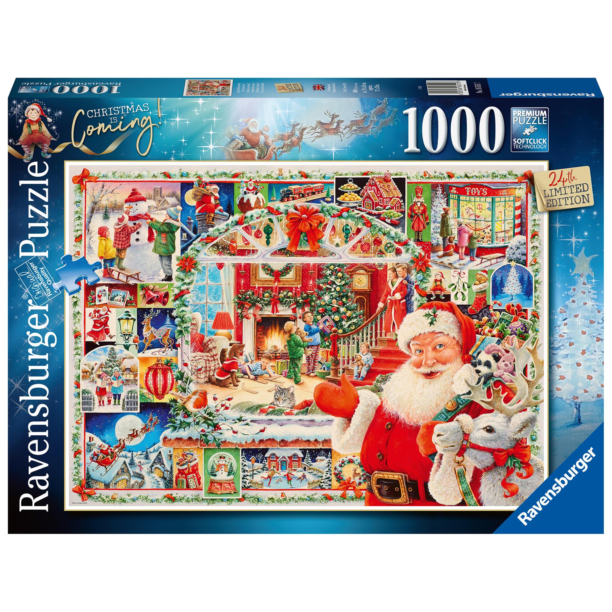 A 1000-piece Ravensburger jigsaw puzzle box featuring a festive Christmas scene with Santa Claus and various holiday symbols.