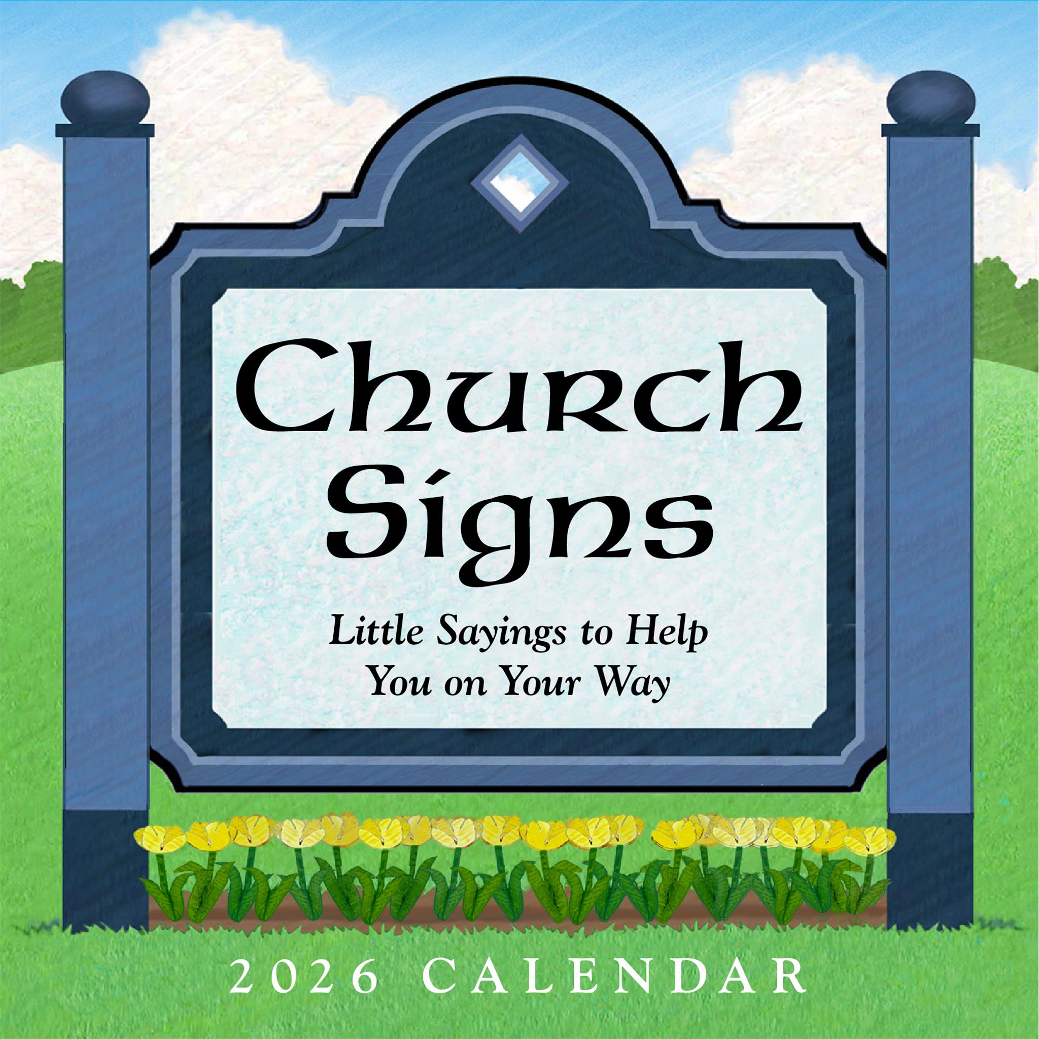 Cover of the 'Church Signs 2026 Box Calendar' featuring a cartoon illustration of a church sign with the text 'Church Signs Little Sayings to Help You on Your Way 2026 Calendar'.