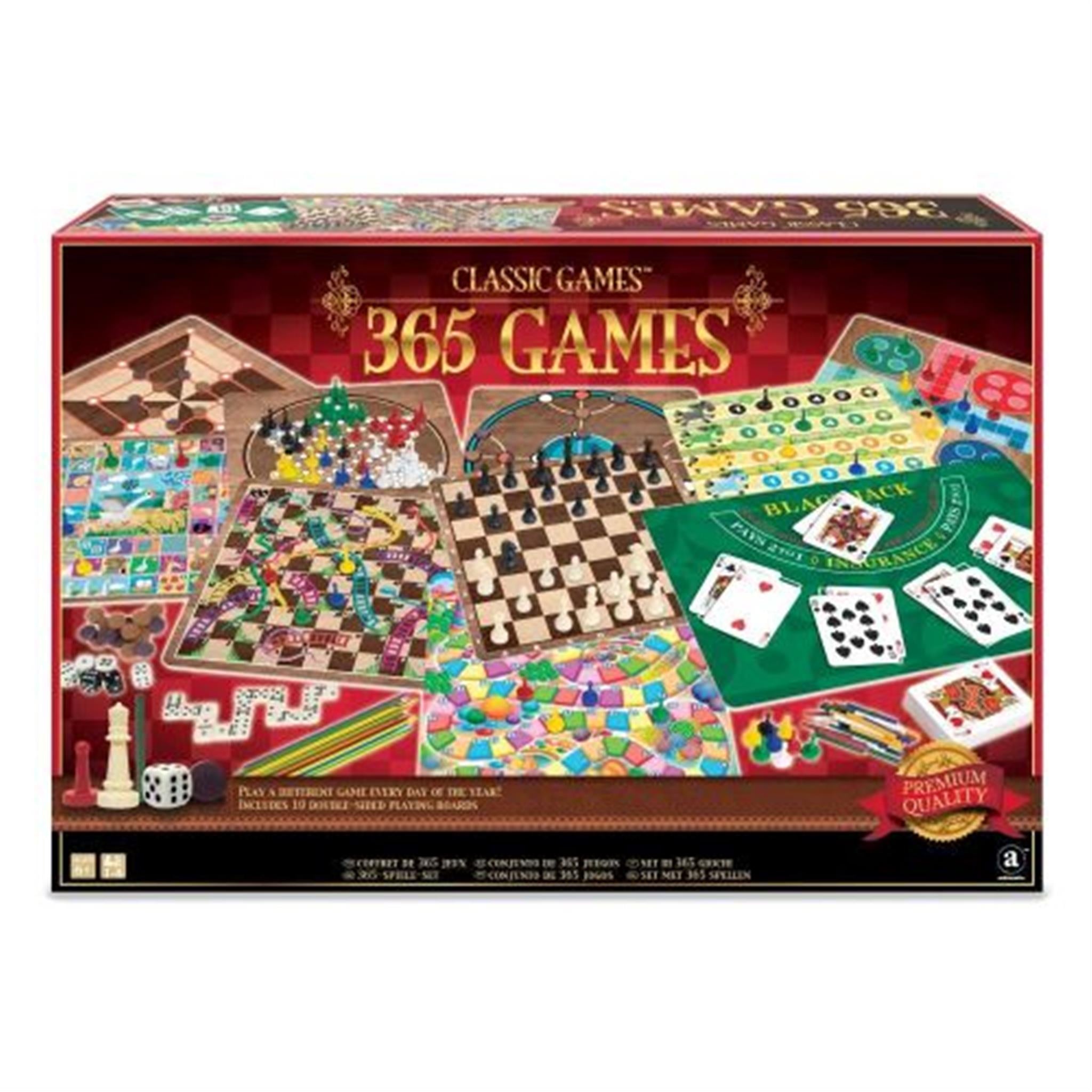 A collection of classic board games including chess, checkers, dice games, Chinese checkers, and backgammon, displayed in a box with 'Classic Games 365 Games' written on it.