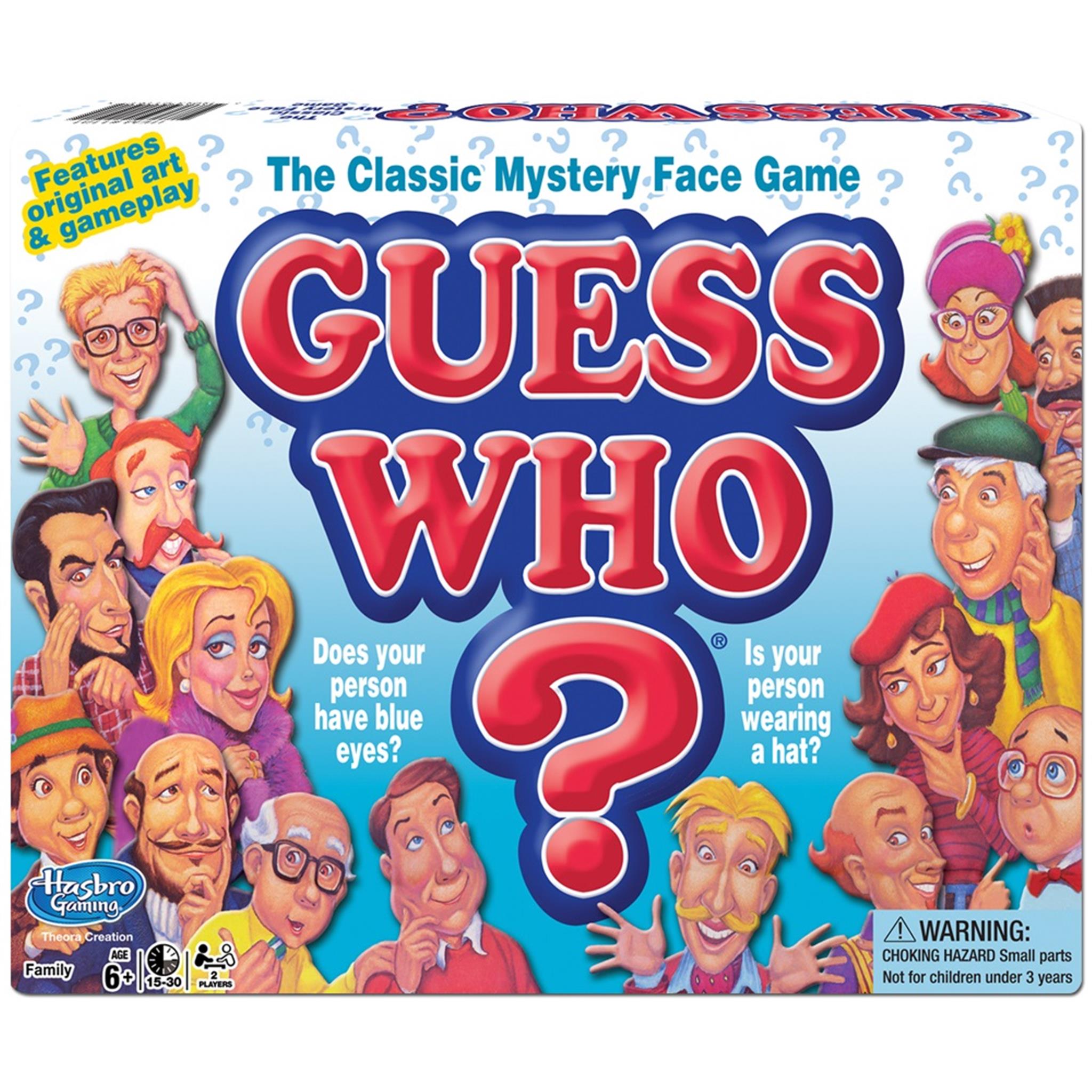 Board game cover for 'Guess Who?' featuring illustrations of various characters' faces with the game's title prominently displayed.