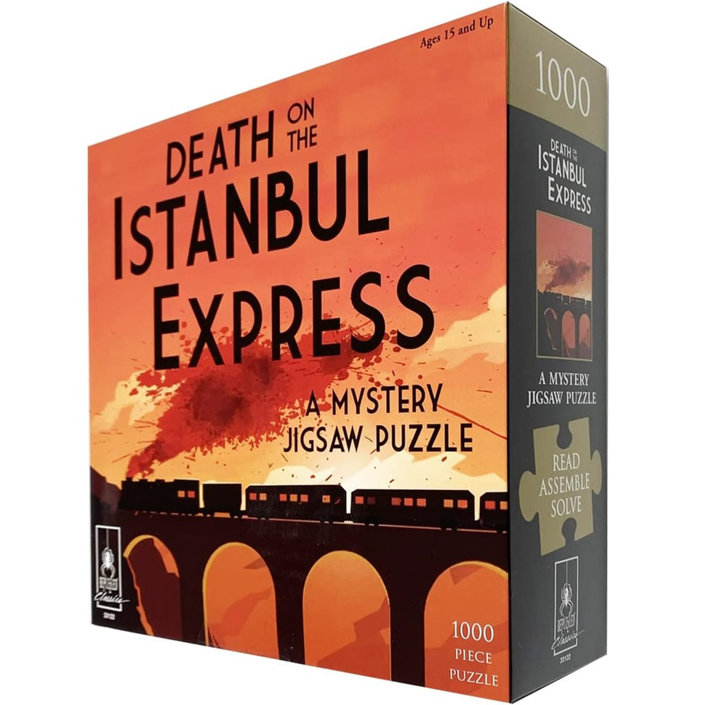 A 1000 piece jigsaw puzzle box featuring an illustration of a train and bridge with a title 'Death on the Istanbul Express'.