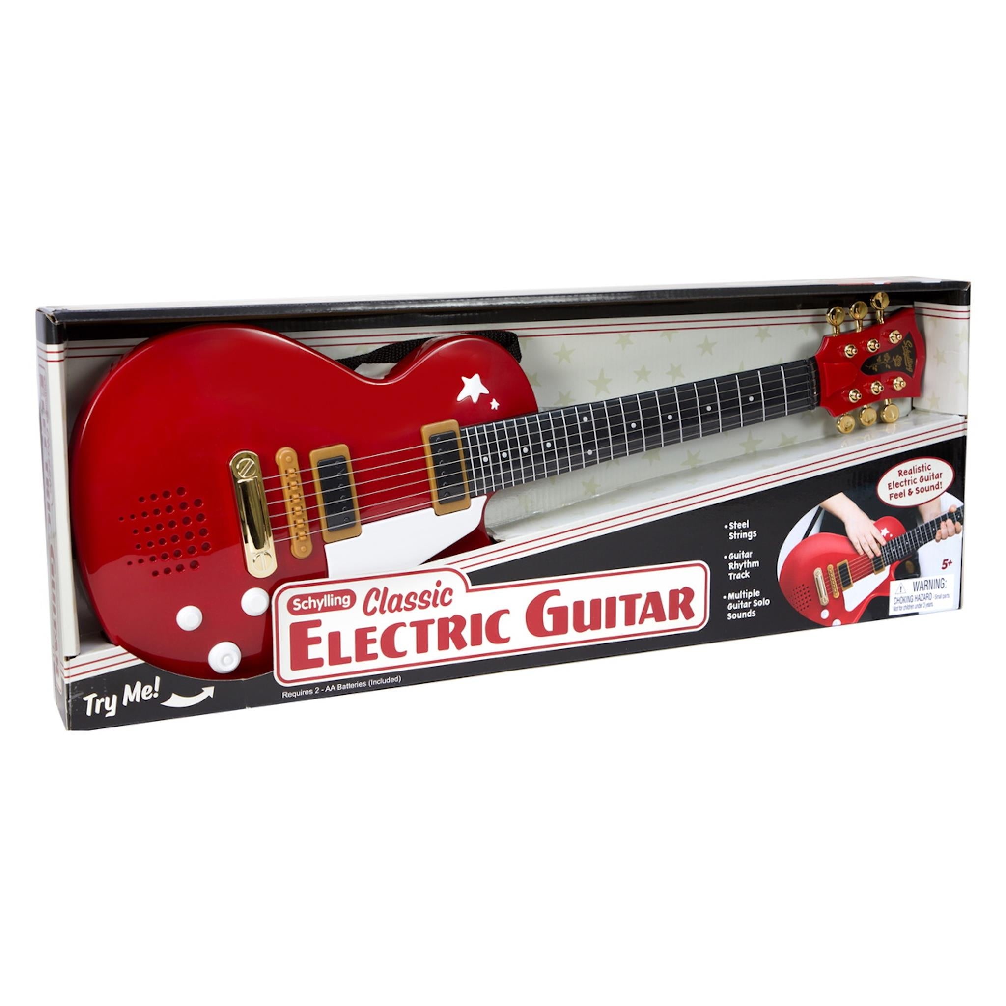 A red classic electric guitar toy with a white pickguard and black accents, displayed in its packaging which includes a nameplate and a description.