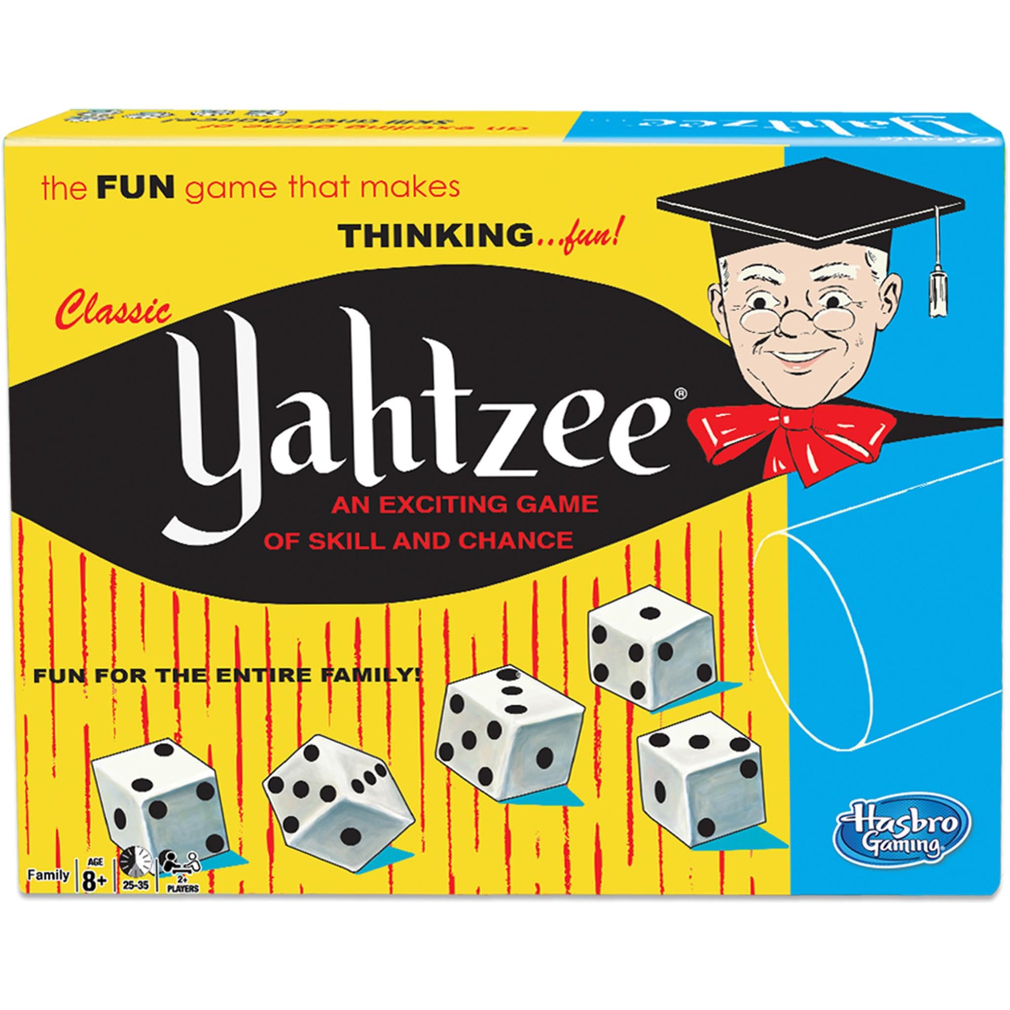 Box of Classic Yahtzee game featuring dice and a cartoon of a professor with a bow tie.