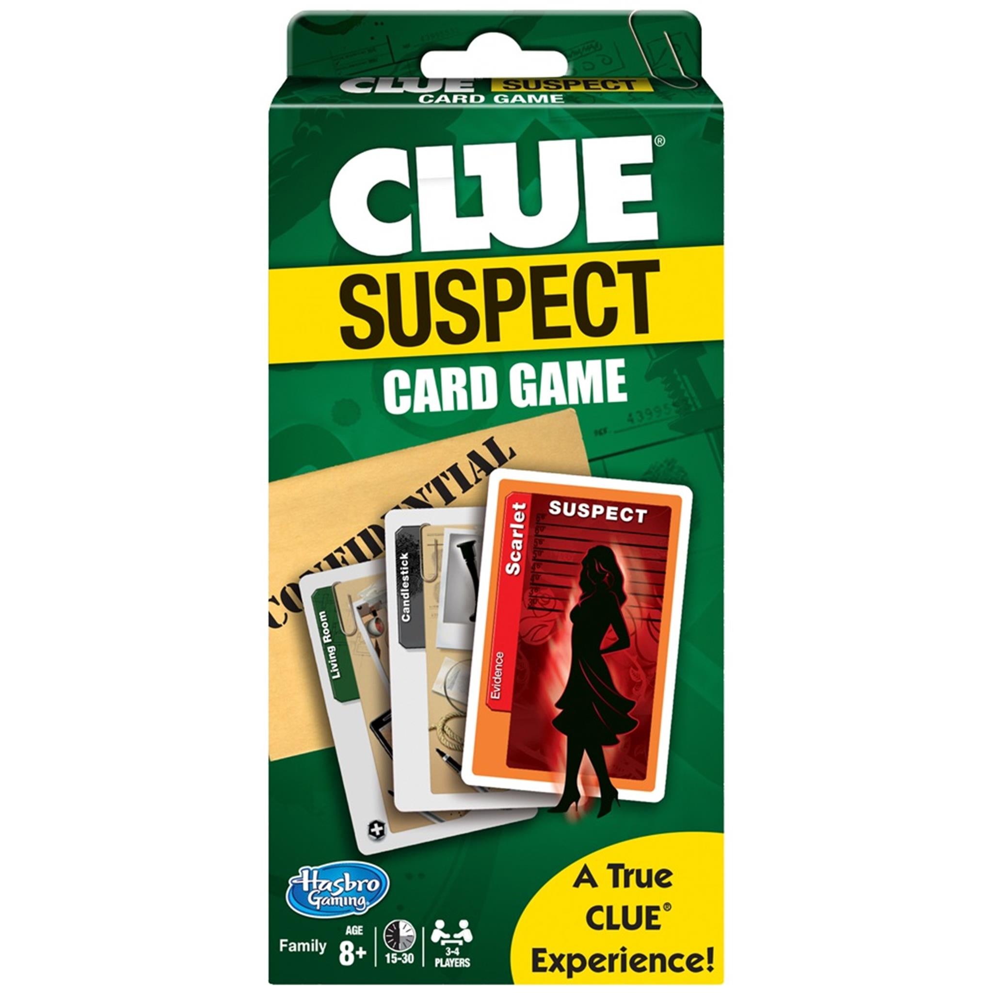 Packaging for the Clue Suspect Family Card Game featuring cards and the game's title displayed on the front.