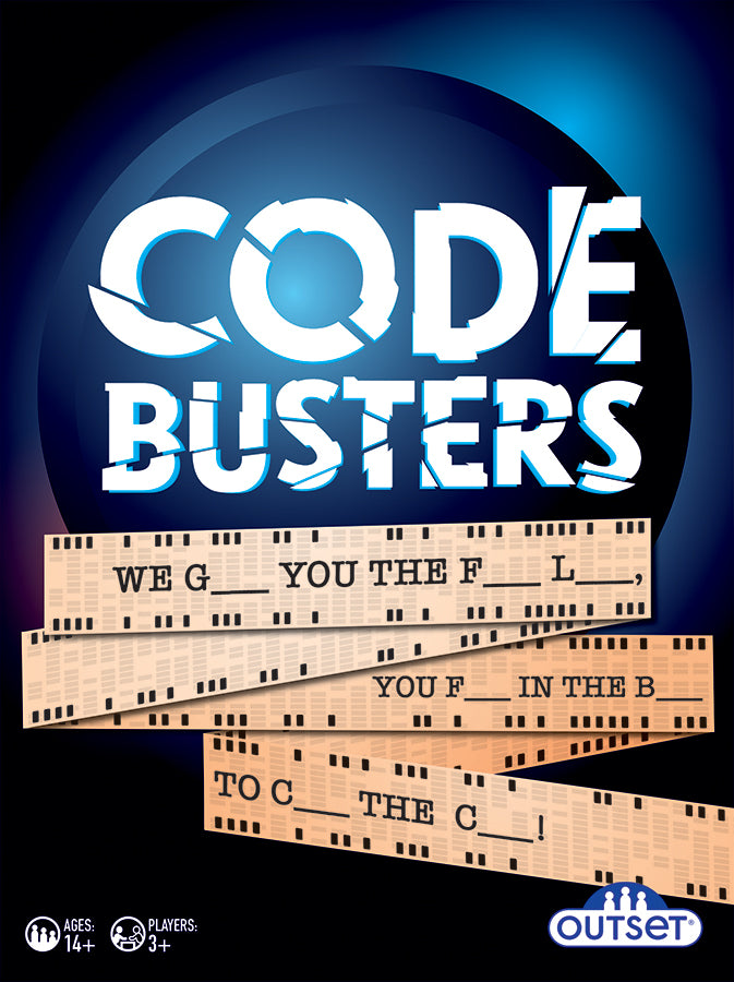 The image shows the product title 'Code Busters' in large, bold letters on a blue background, with a graphic of a vintage codeveloper and cards with encoded messages.