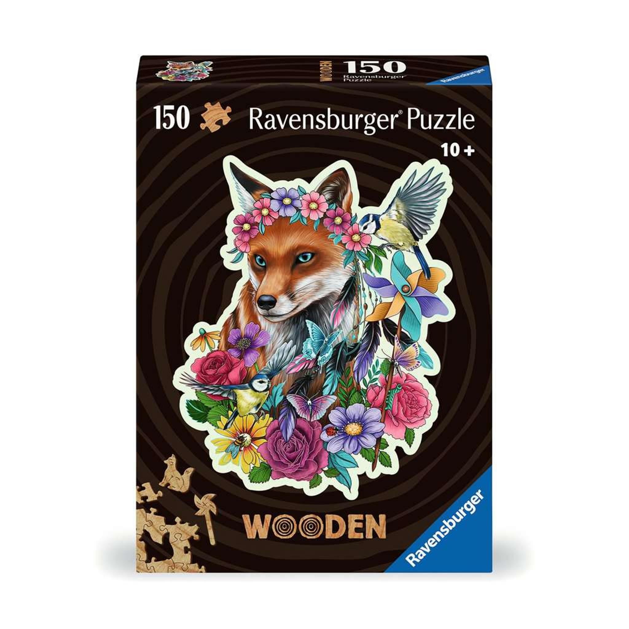 A Ravensburger wooden puzzle box featuring a colorful illustration of a fox with flowers and butterfly motifs.