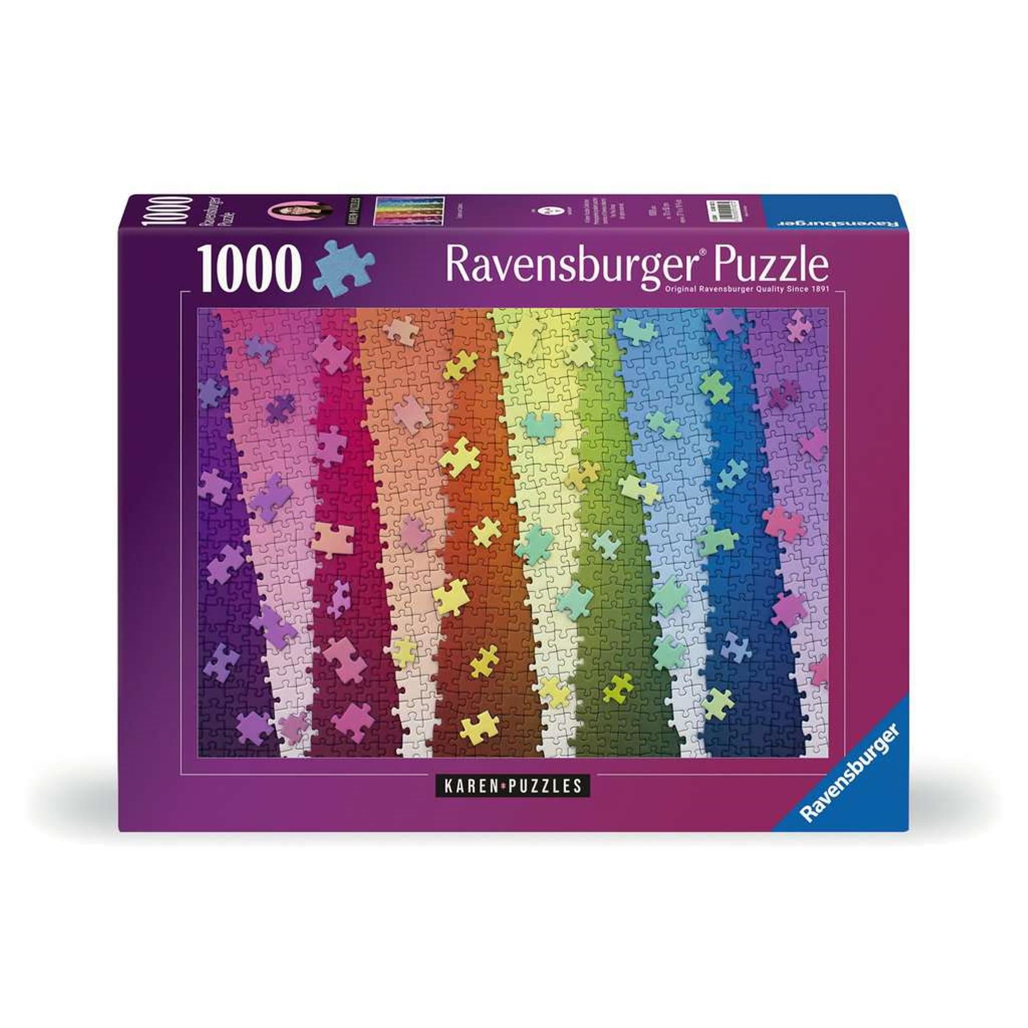 A 1000-piece Ravensburger jigsaw puzzle box featuring a colorful gradient of puzzle pieces.