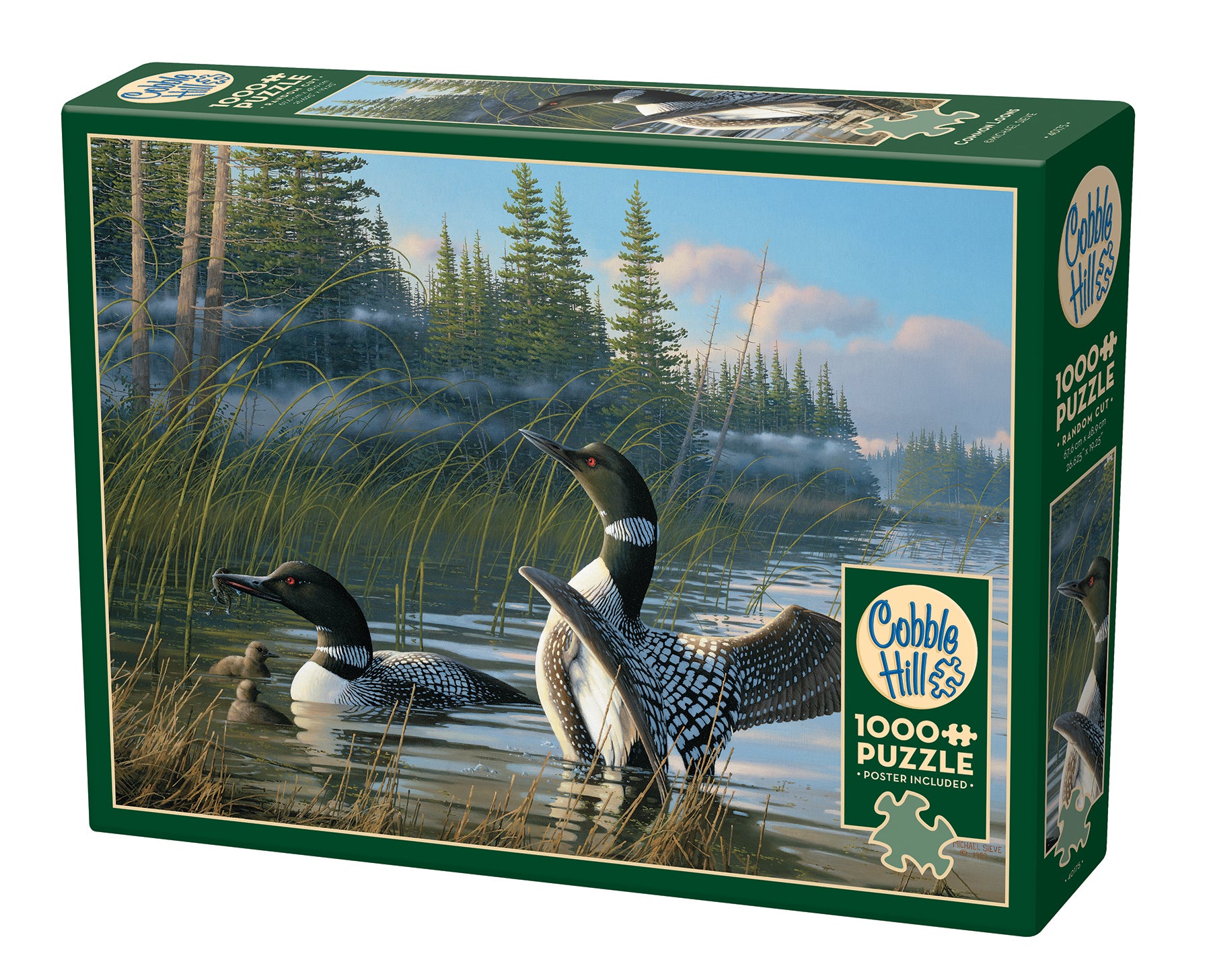 A box of a 1000 piece Cobble Hill puzzle featuring an image of common loons on a lake with forest background.