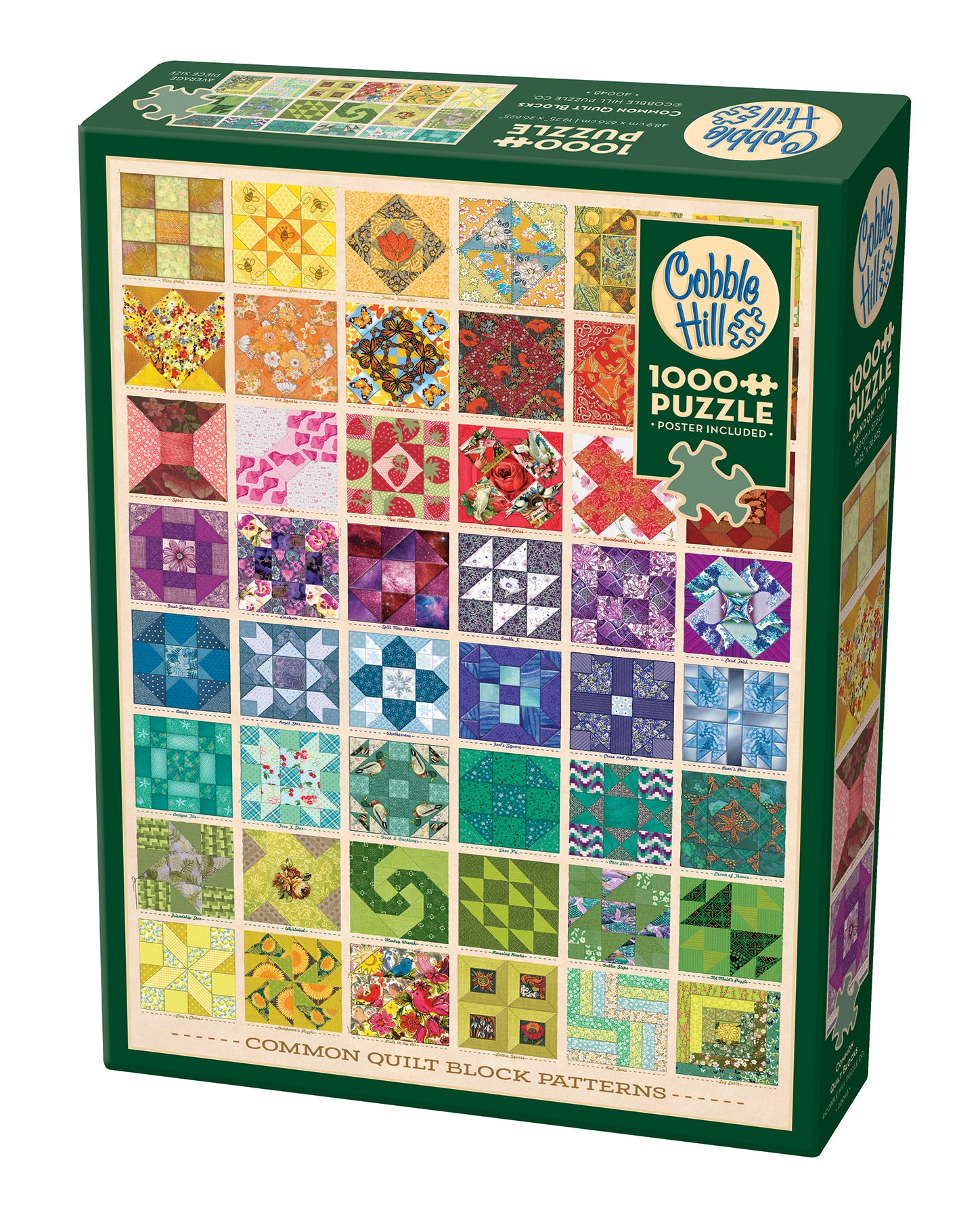 A 1000 piece jigsaw puzzle box featuring various colorful quilt block patterns.