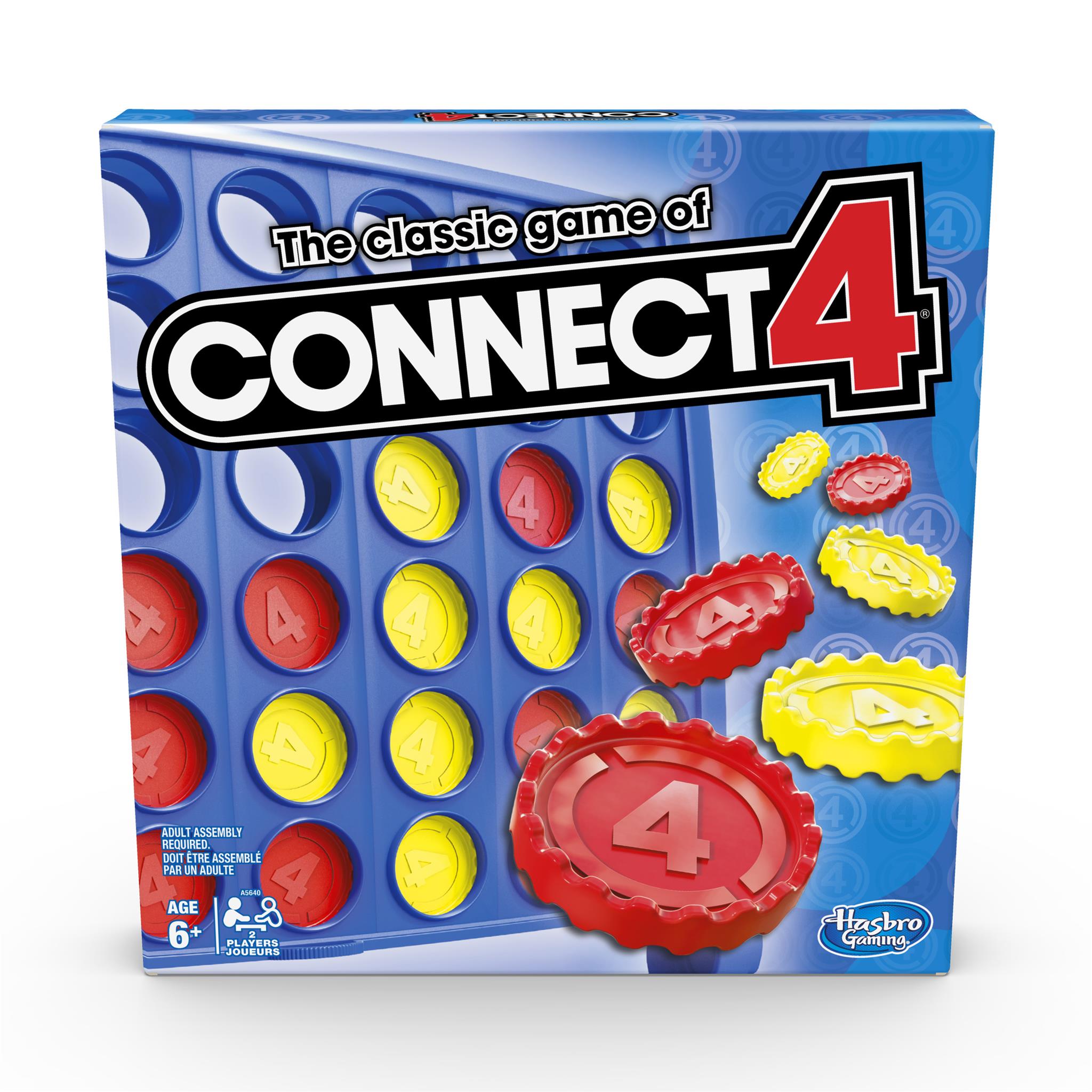 The image shows a box of the Connect 4 game featuring the game's name and a window displaying red and yellow discs on a blue grid.
