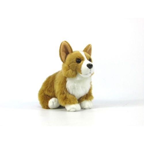 A plush corgi toy with a brown, white, and black color scheme, sitting upright.