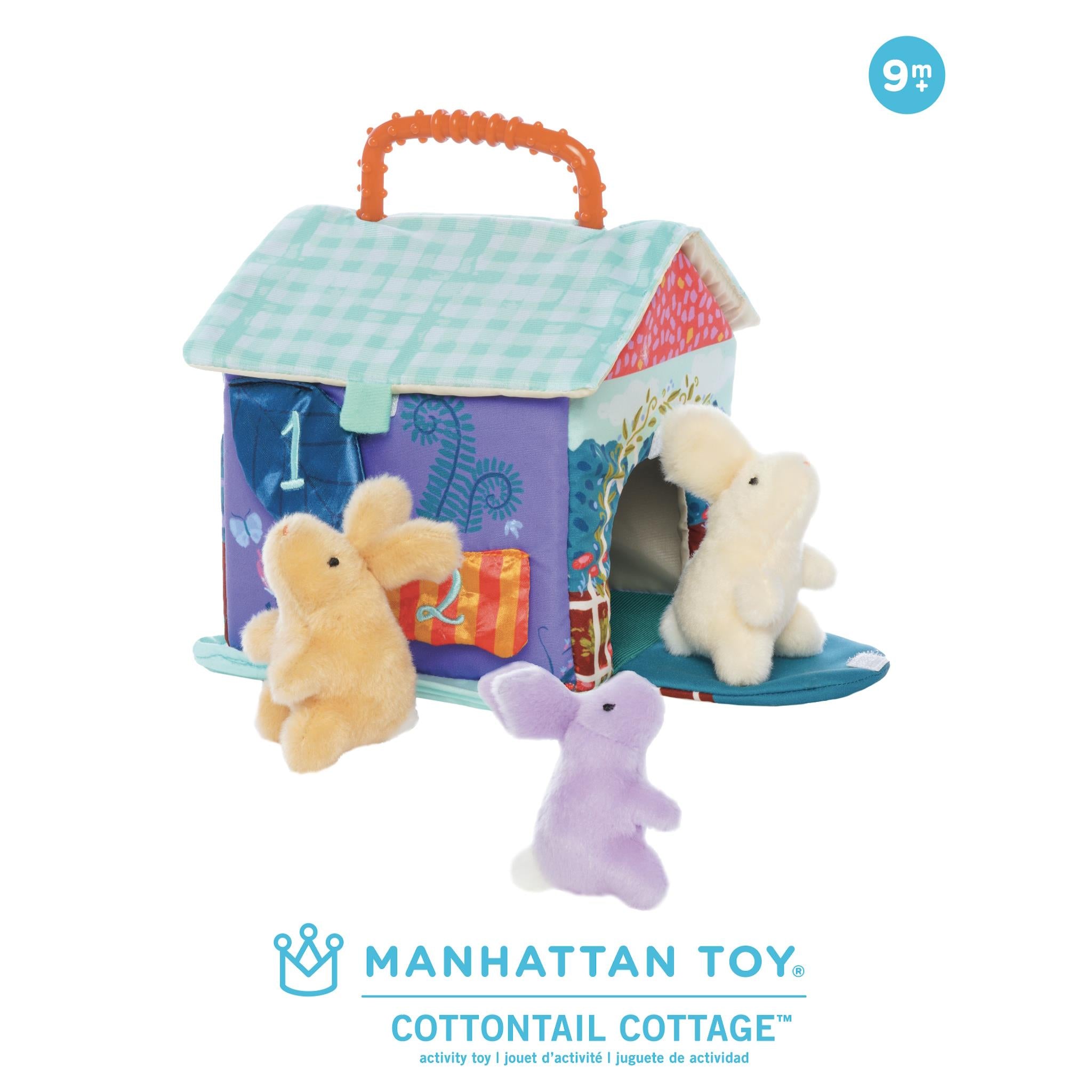 A colorful playset featuring a cottontail cottage with a blue roof, purple door, and a collection of plush toy bunnies interacting with a yellow and blue container.