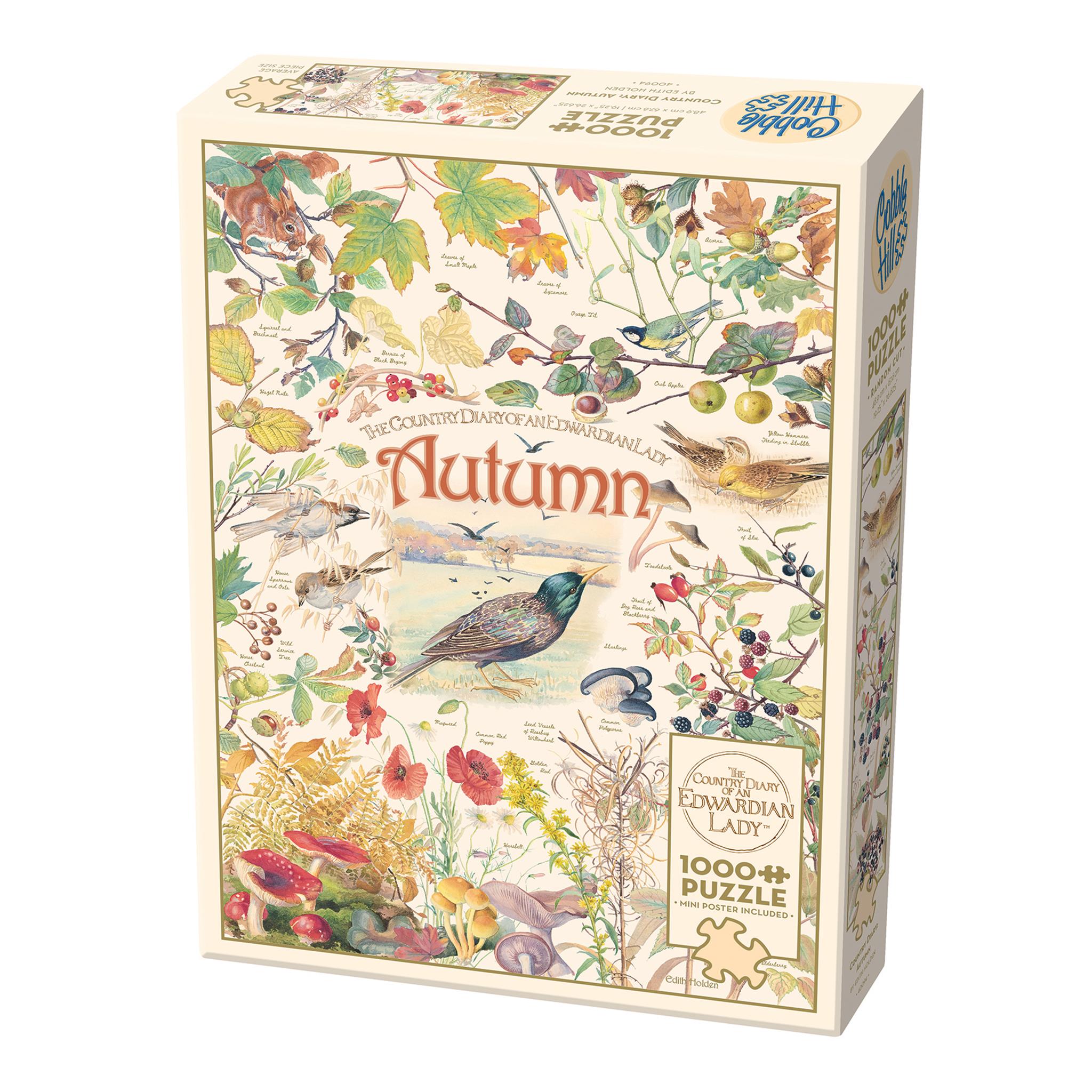 A 1000 piece Cobble Hill puzzle box featuring artwork with birds, berries, and leaves on the cover.