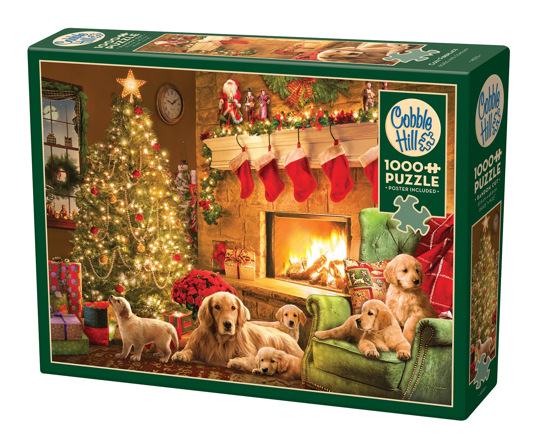 A 1000 piece Cobble Hill puzzle box featuring an image of puppies in front of a fireplace with Christmas decorations.