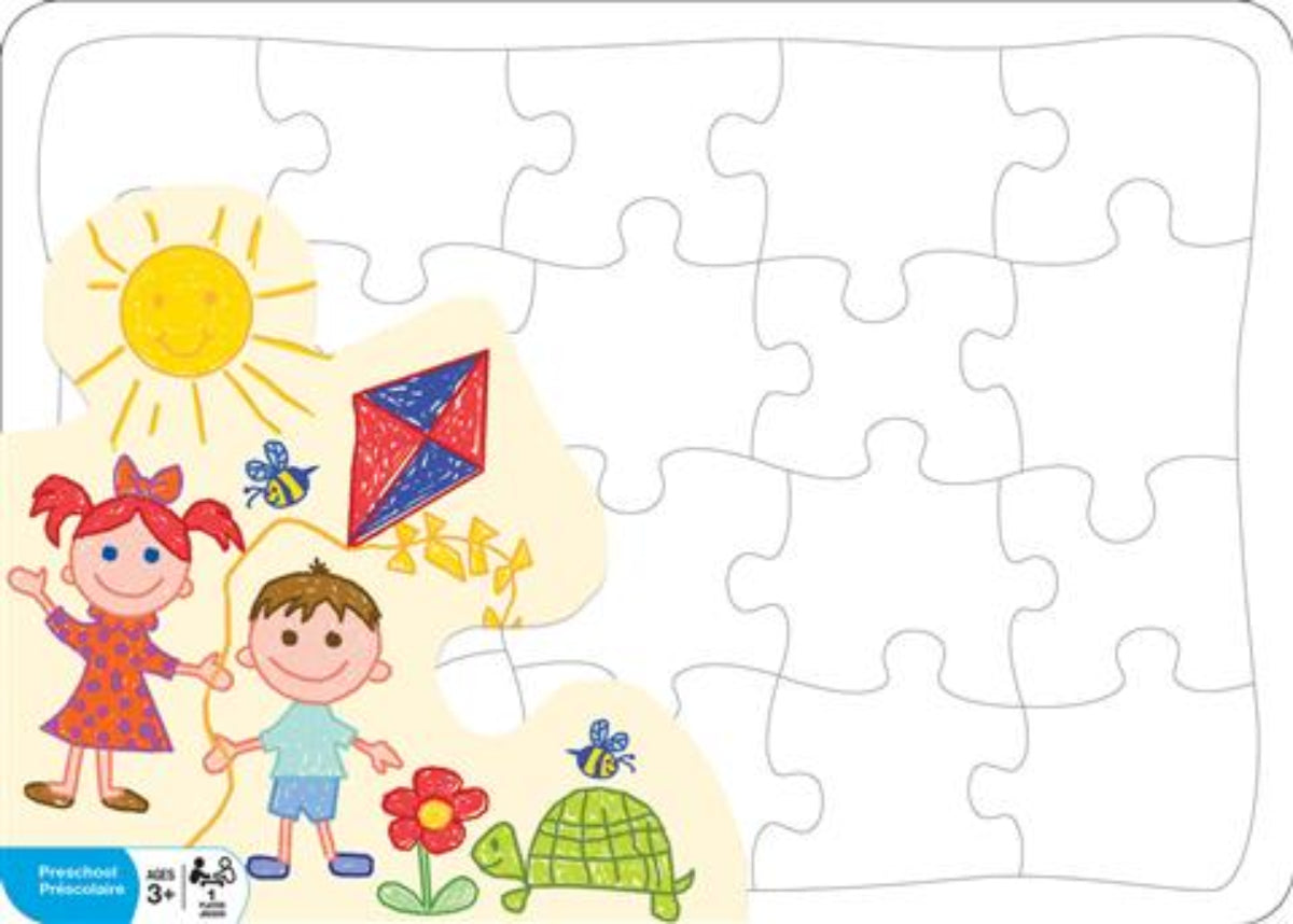 Children's puzzle with cartoon characters, kite, sun, and turtle on a white background