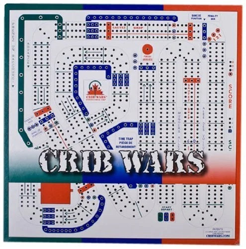 A plastic cribbage board like no other, Crib Wars has 363 holes from start to finish instead of the usual 121. Product image shows a twisting track with reverse loops, shortcuts and setbacks.