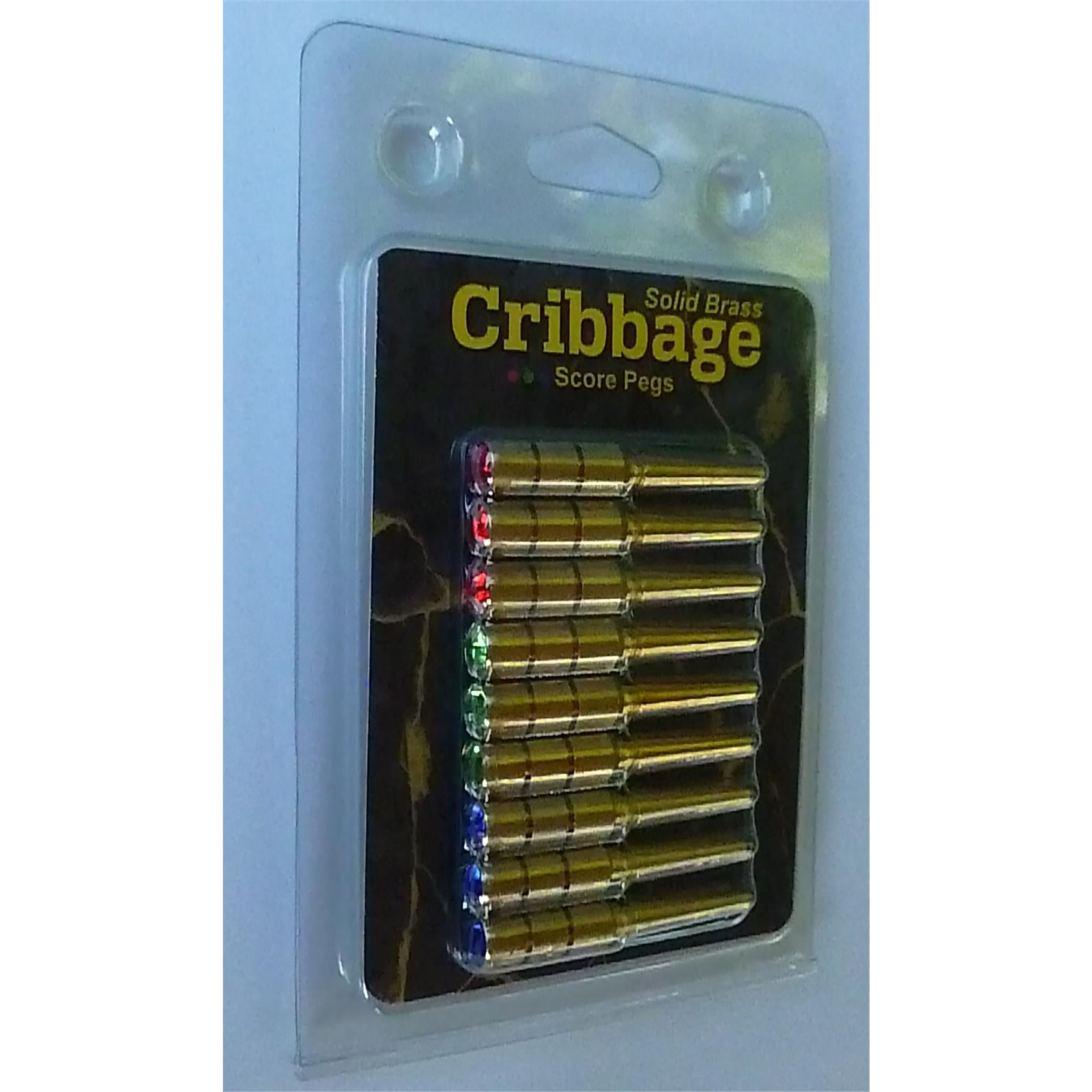 Packaging of solid brass cribbage scoring pegs with colorful rhinestones displayed in a clear plastic blister pack.