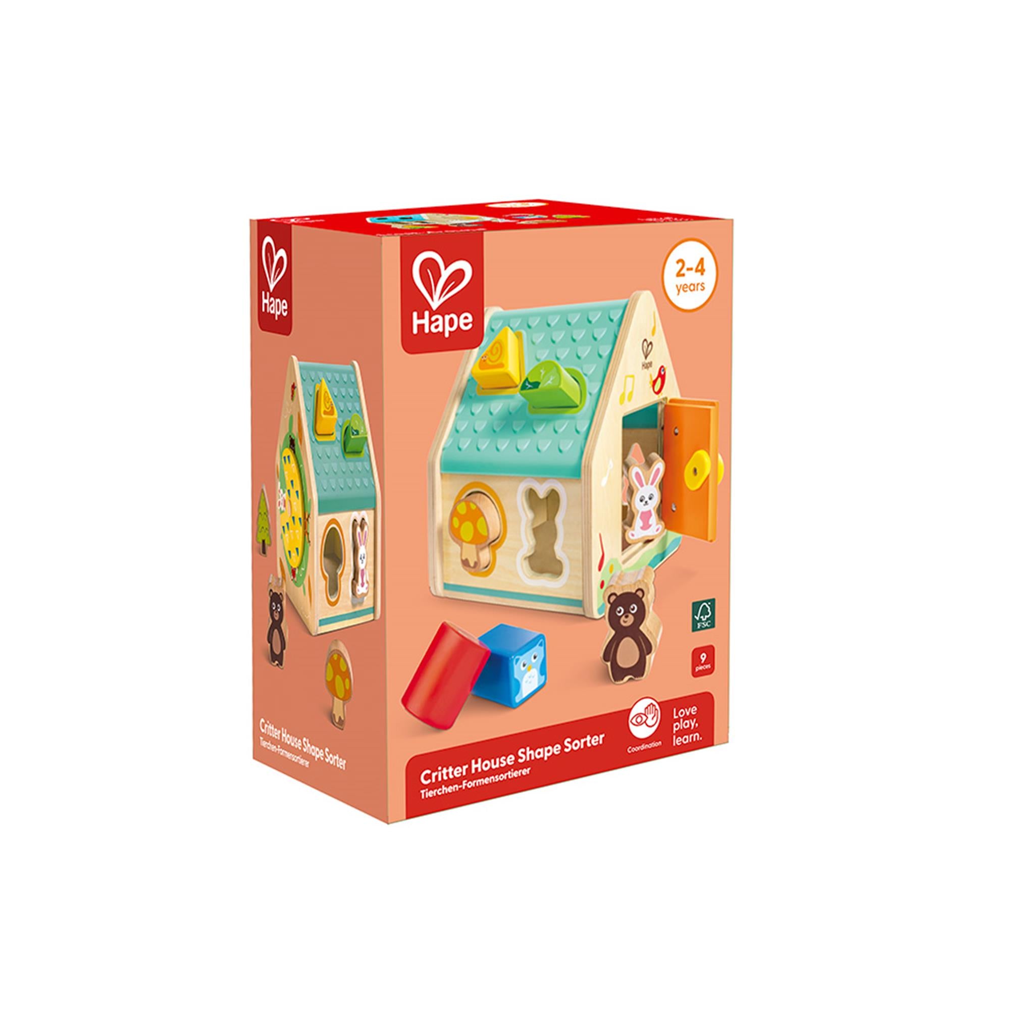 Packaging for the Critter House Shape Sorter toy featuring a colorful house with animal blocks and the Hape logo.