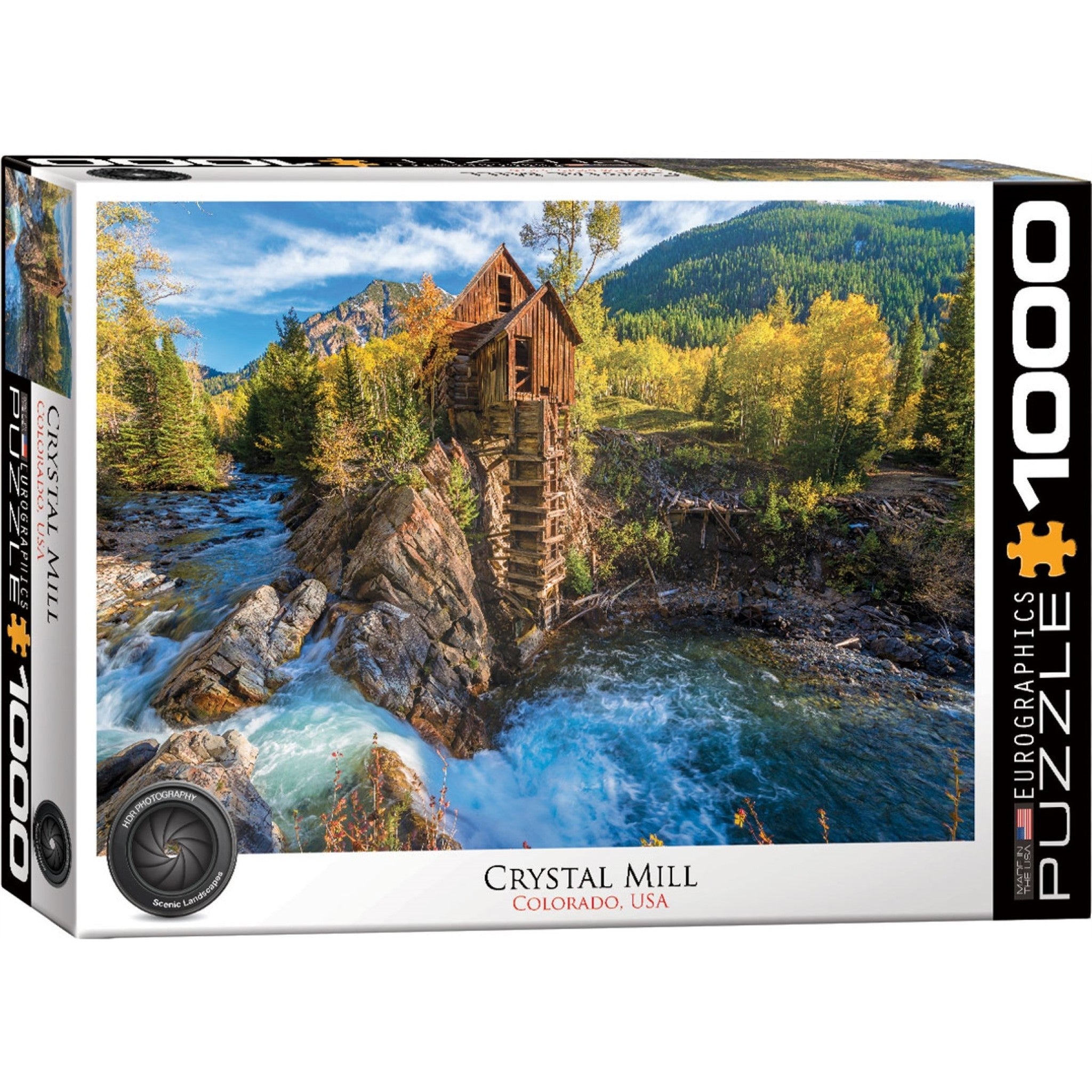 Based on the Crystal Mill in Colorado USA, pictures a mill precariously perched on a rock face overlooking rapids.