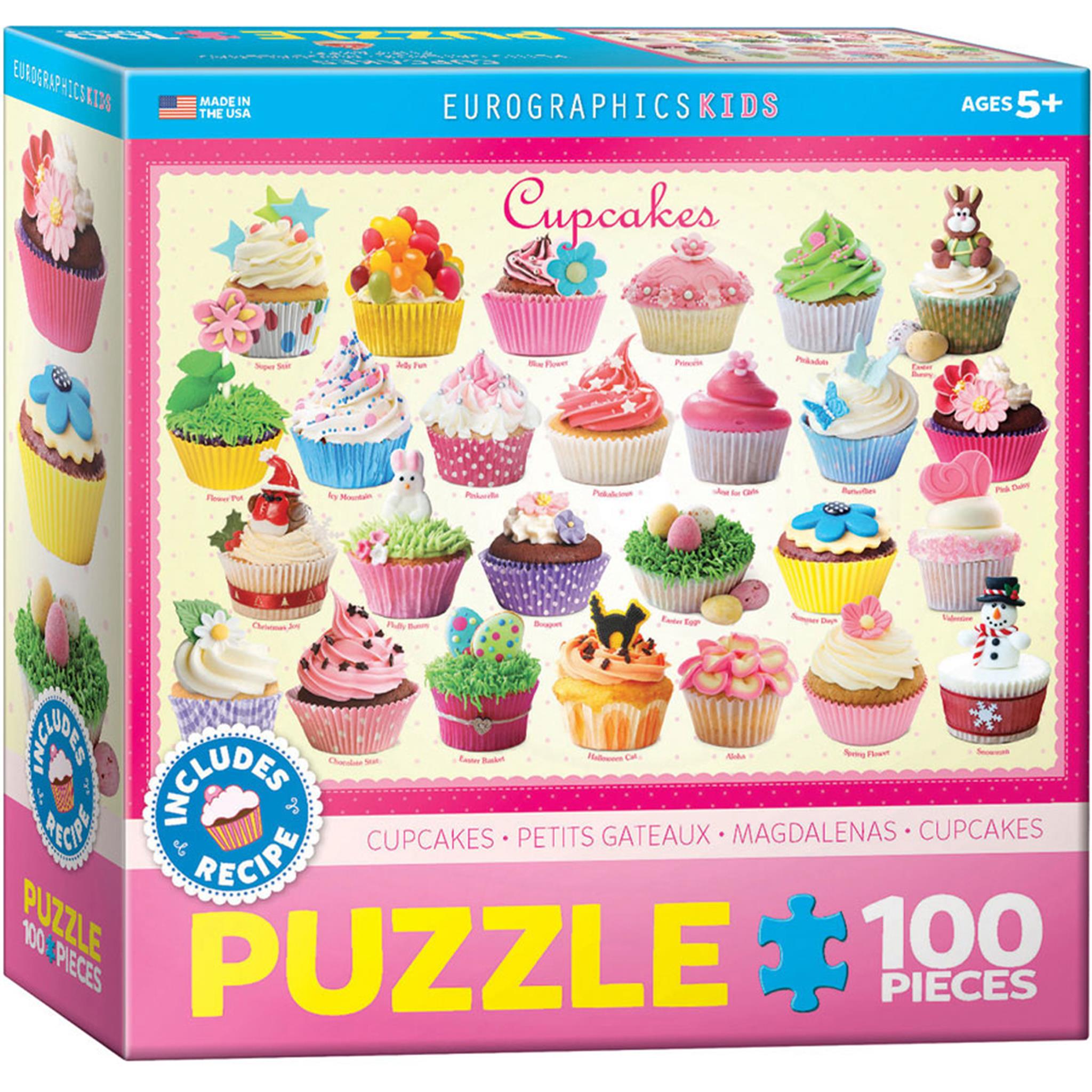 Box of EuroGraphics Cupcakes 100 Piece Puzzle featuring various cupcakes, with a recipe included, and the puzzle pieces displayed.