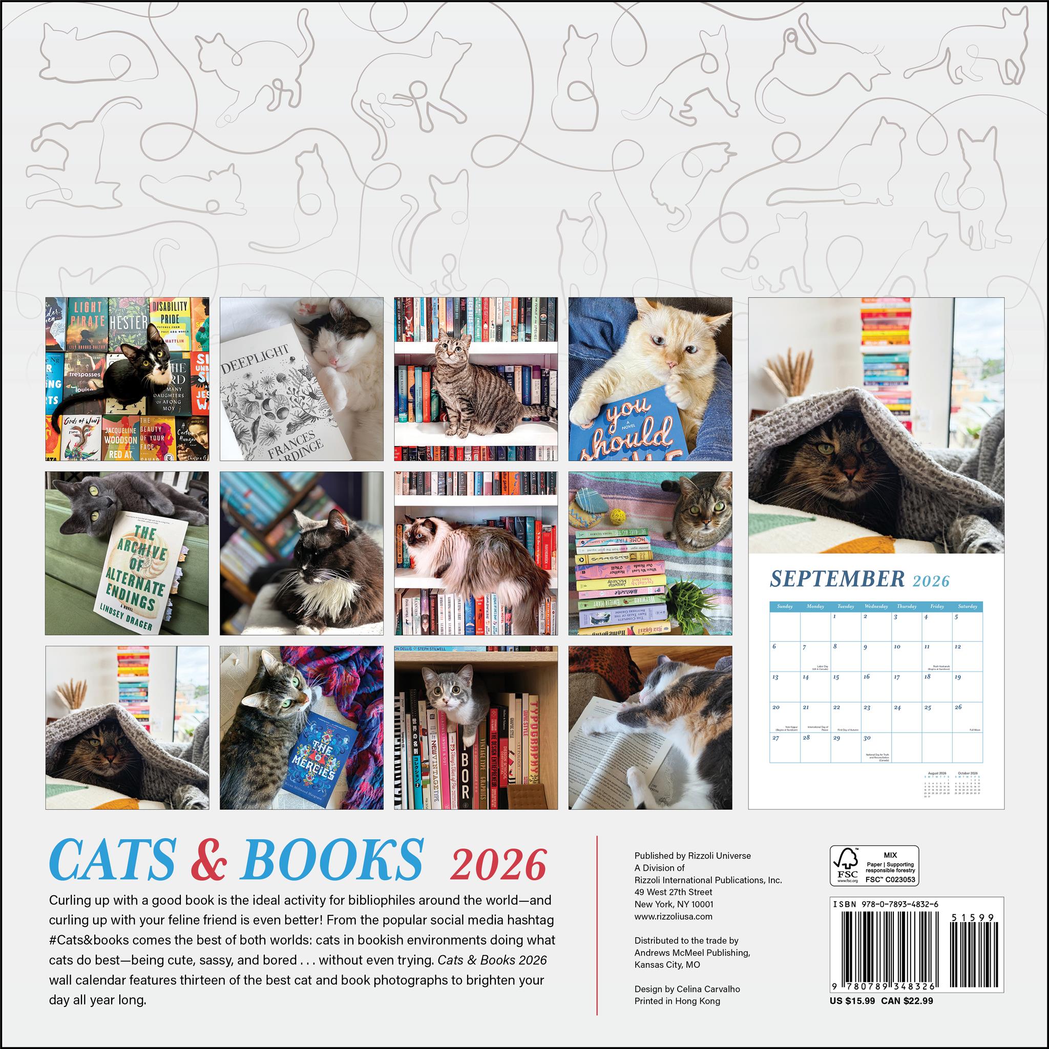 Cats And Books 2026 Wall Calendar
