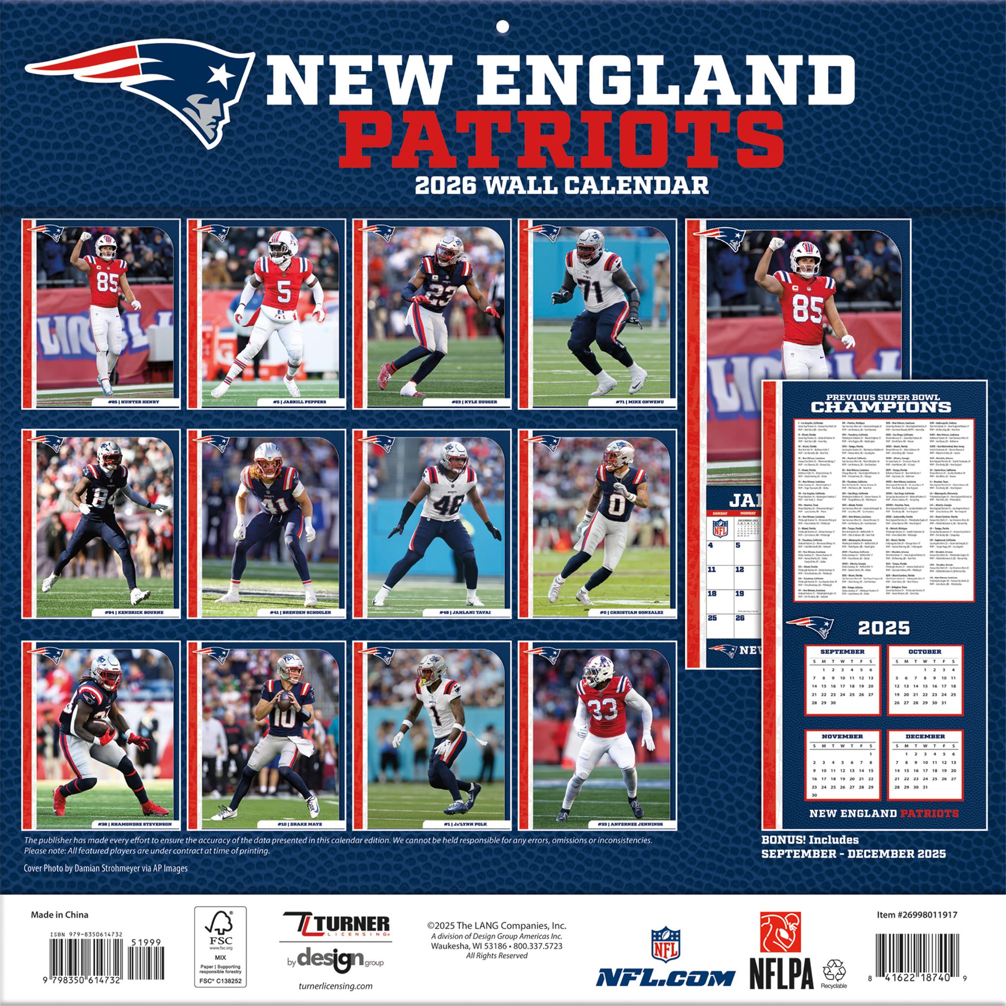 NFL New England Patriots 2026 Wall Calendar