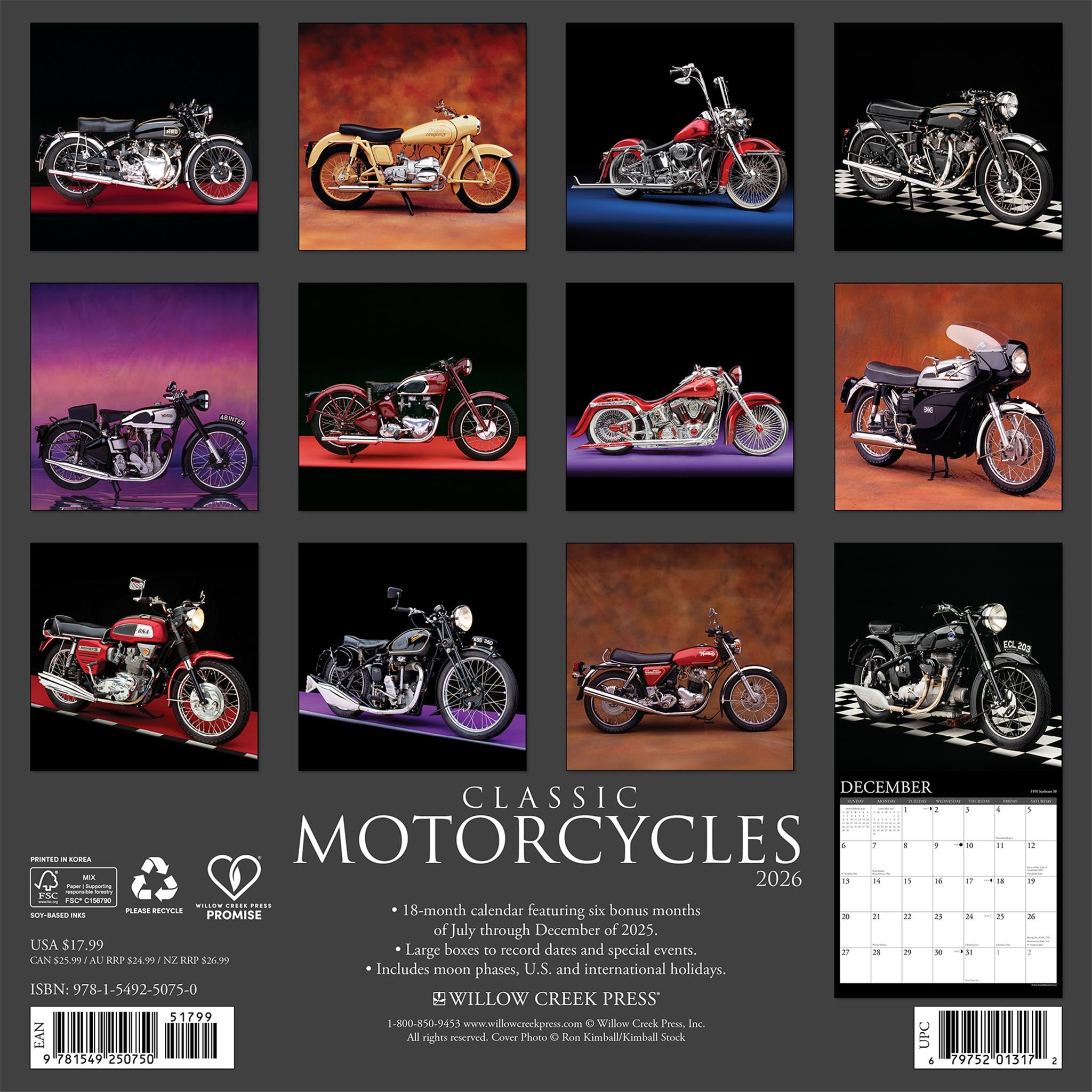 Classic Motorcycles 2026 Wall Calendar