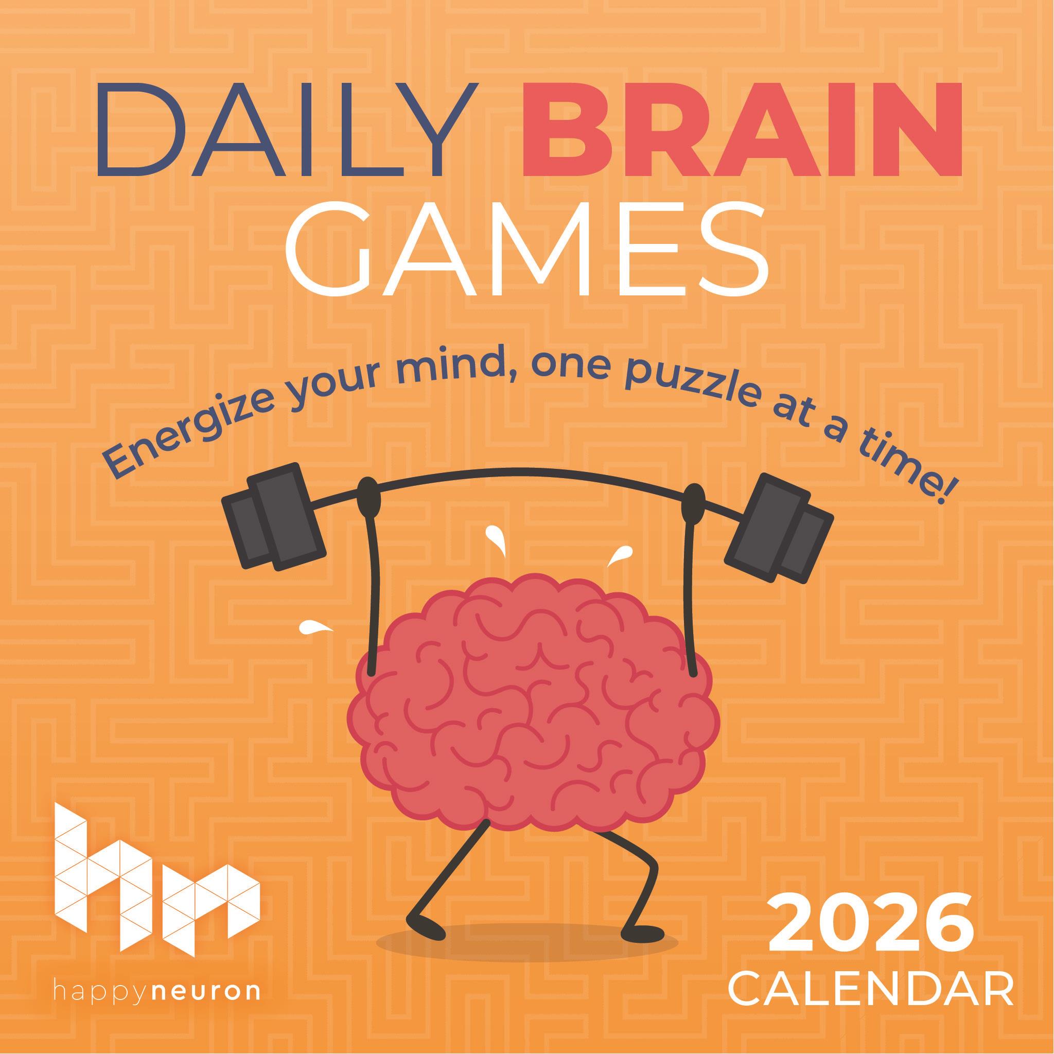 Cover of the 'Daily Brain Games 2026 Calendar' featuring an illustration of a brain lifting weights with the title and brand 'Happy Neuron' displayed.