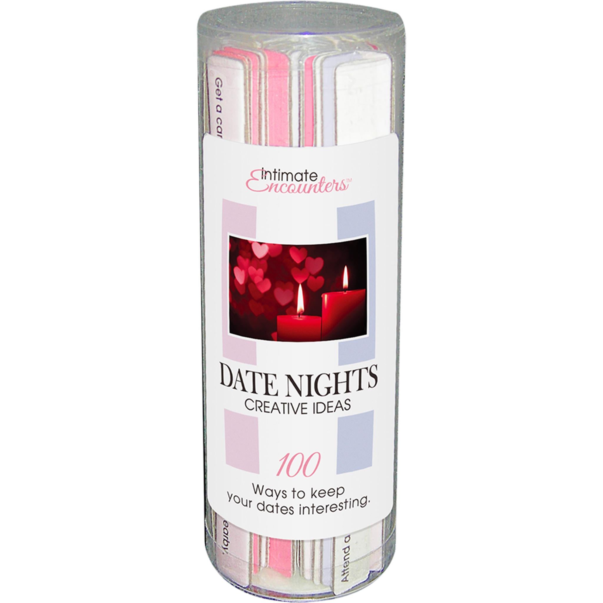 A clear cylindrical container with colorful stick-like cards inside, labeled 'Date Nights Creative Ideas.'