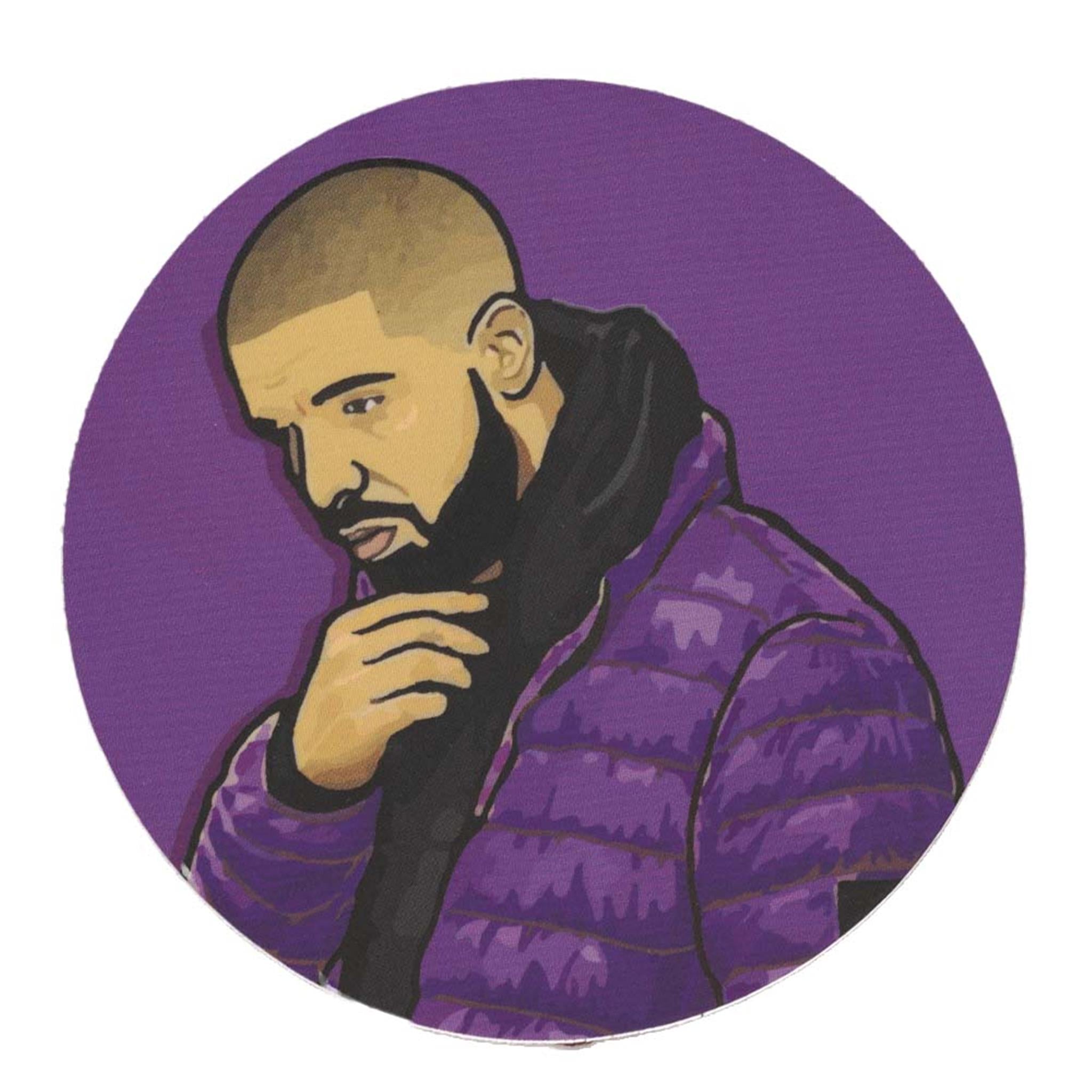 A vinyl sticker of a cartoon-style Drake the rapper with a beard, wearing a purple jacket, against a purple background.