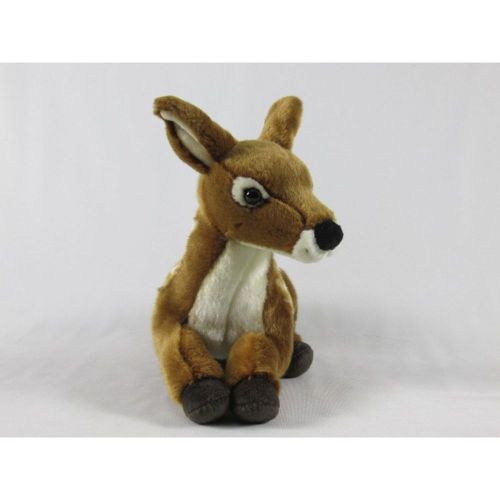 A plush toy deer with a brown body, white belly, and black feet and face details.