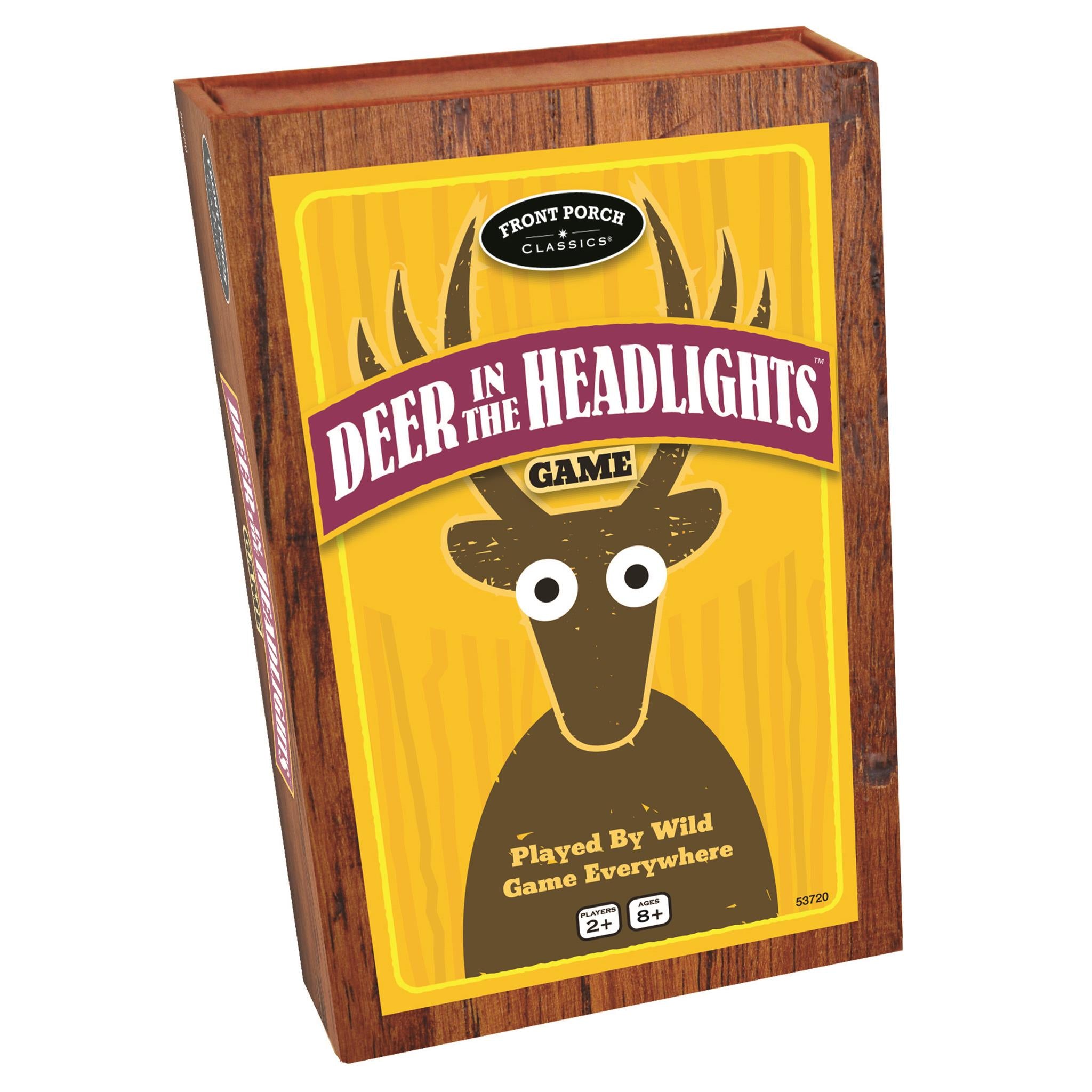 Board game box cover for 'Deer in the Headlights' featuring an illustration of a deer with a cartoony design on a yellow background, indicating it's a game about card playing and dice rolling.