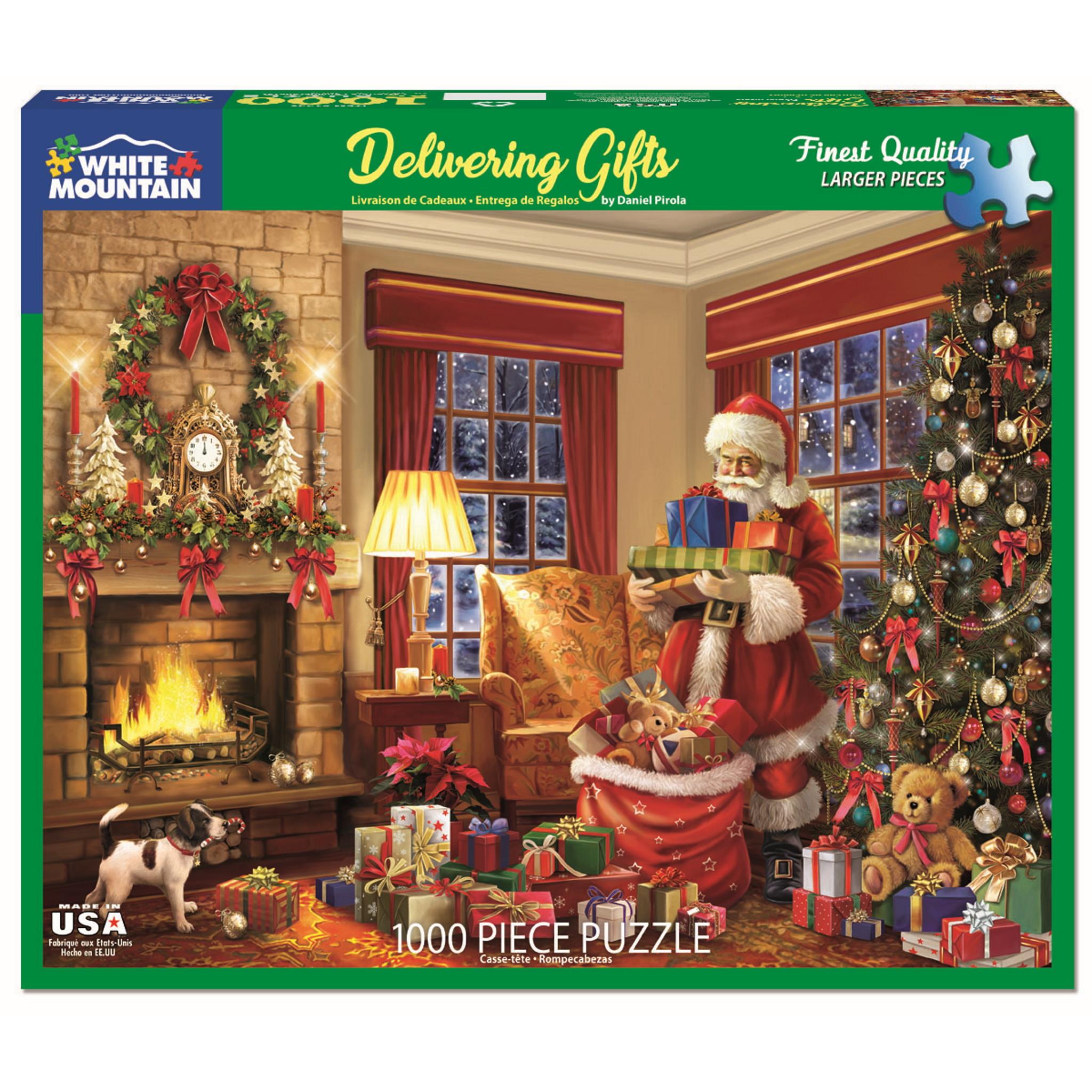 A 1000 piece jigsaw puzzle depicting Santa Claus delivering gifts in a room with a Christmas tree, fireplace, and various decorations.