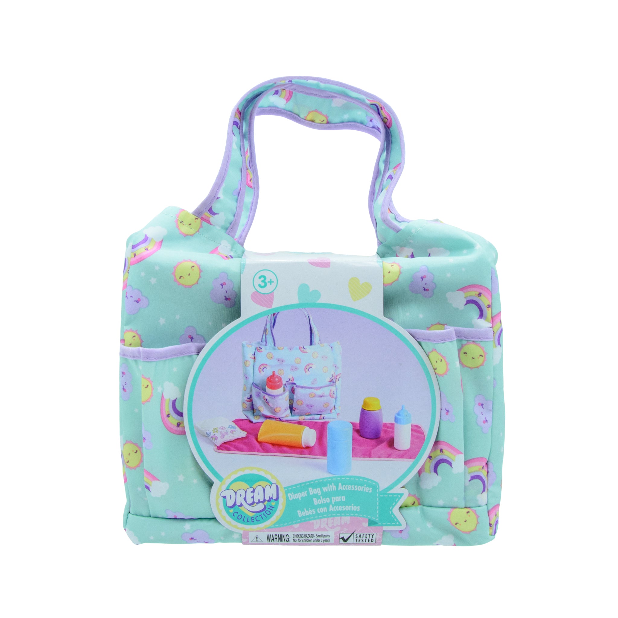 A colorful diaper bag with a pattern of various baby items like bottles and diapers, with a label showing the product name and age range of 3+ years.