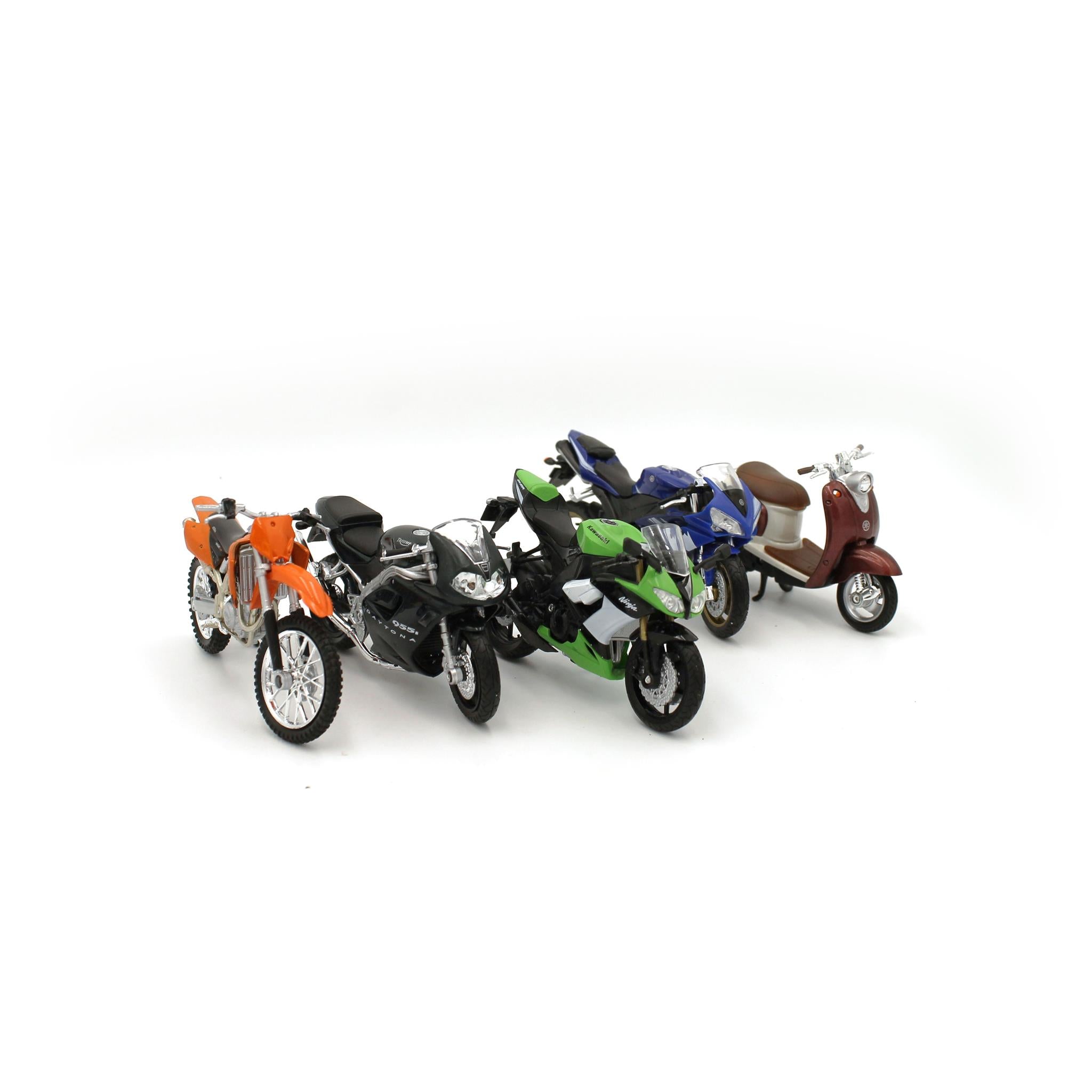 A set of die cast motorcycle models in assorted colors.
