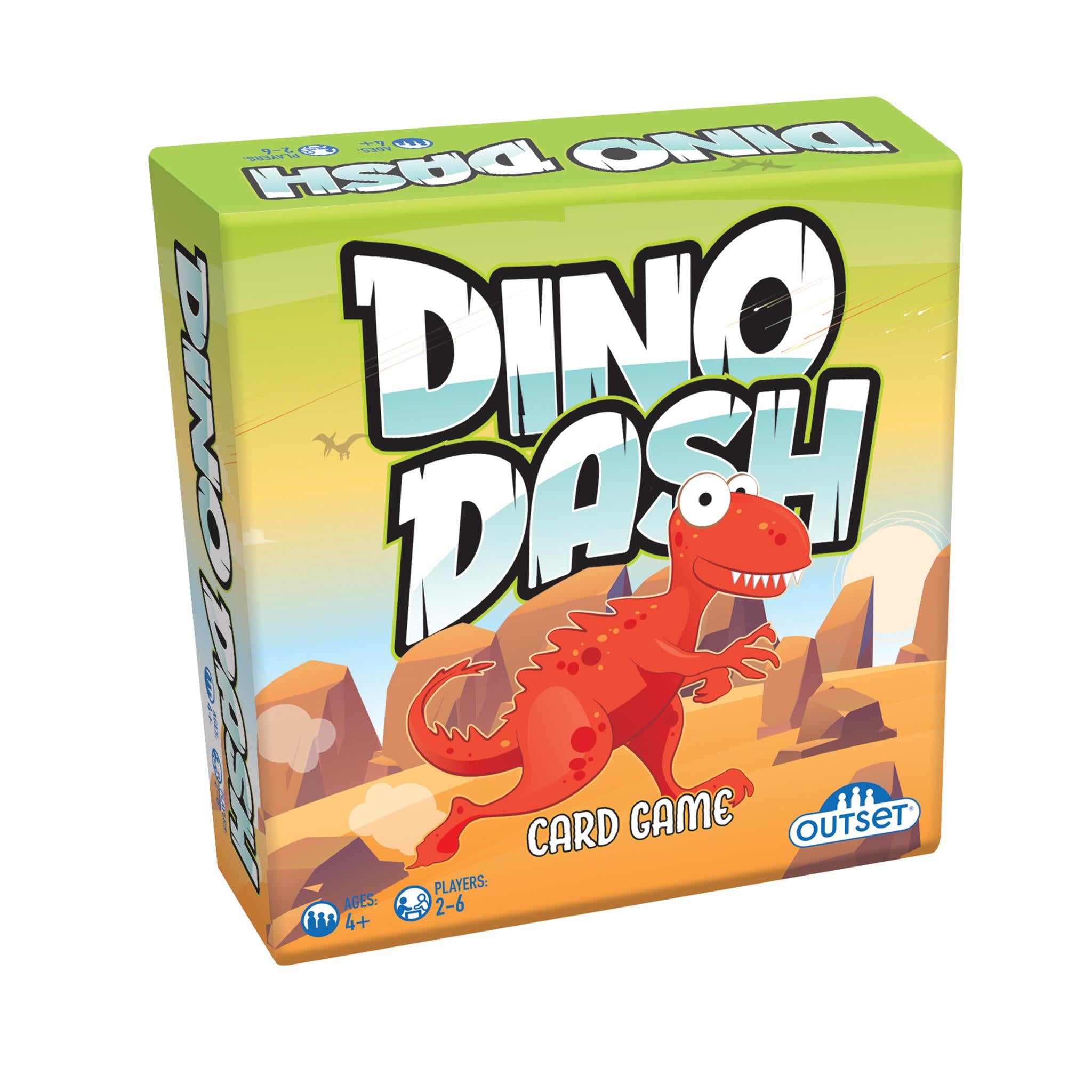 Game packaging from Outset with a red cartoon T-Rex running in a dessert scape. Game geared to 2-6 players ages 4 and over