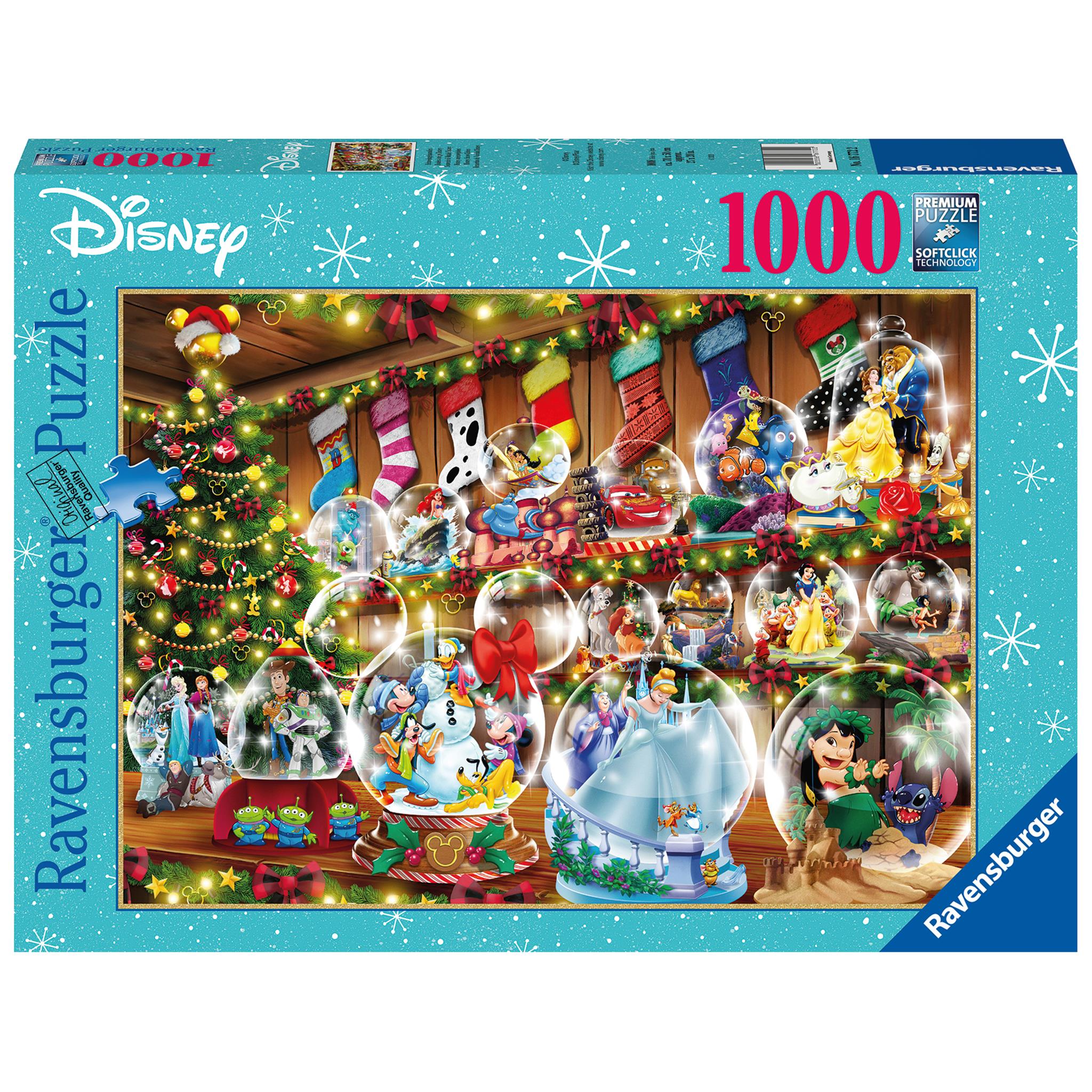 A 1000-piece Ravensburger jigsaw puzzle box featuring Disney characters in various Christmas-themed snow globes.