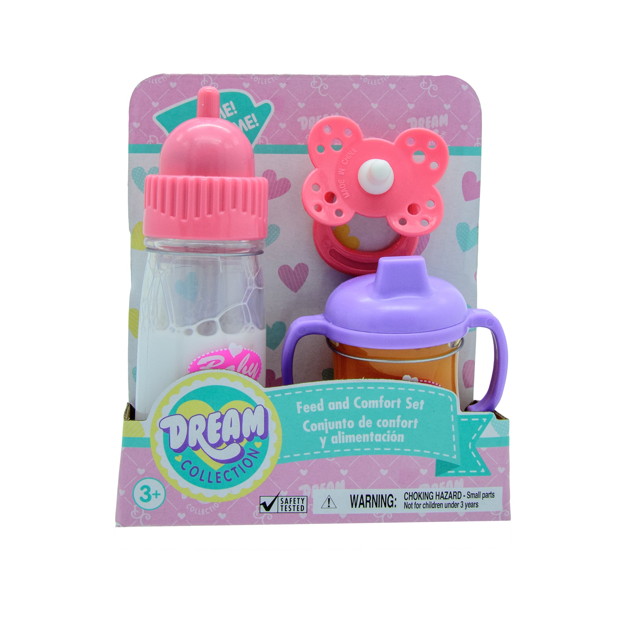 A doll baby care pack which includes a pink and white bottle with a nipple, a purple tippy cup with handles, and packaging with 'Dream Collection' branding.