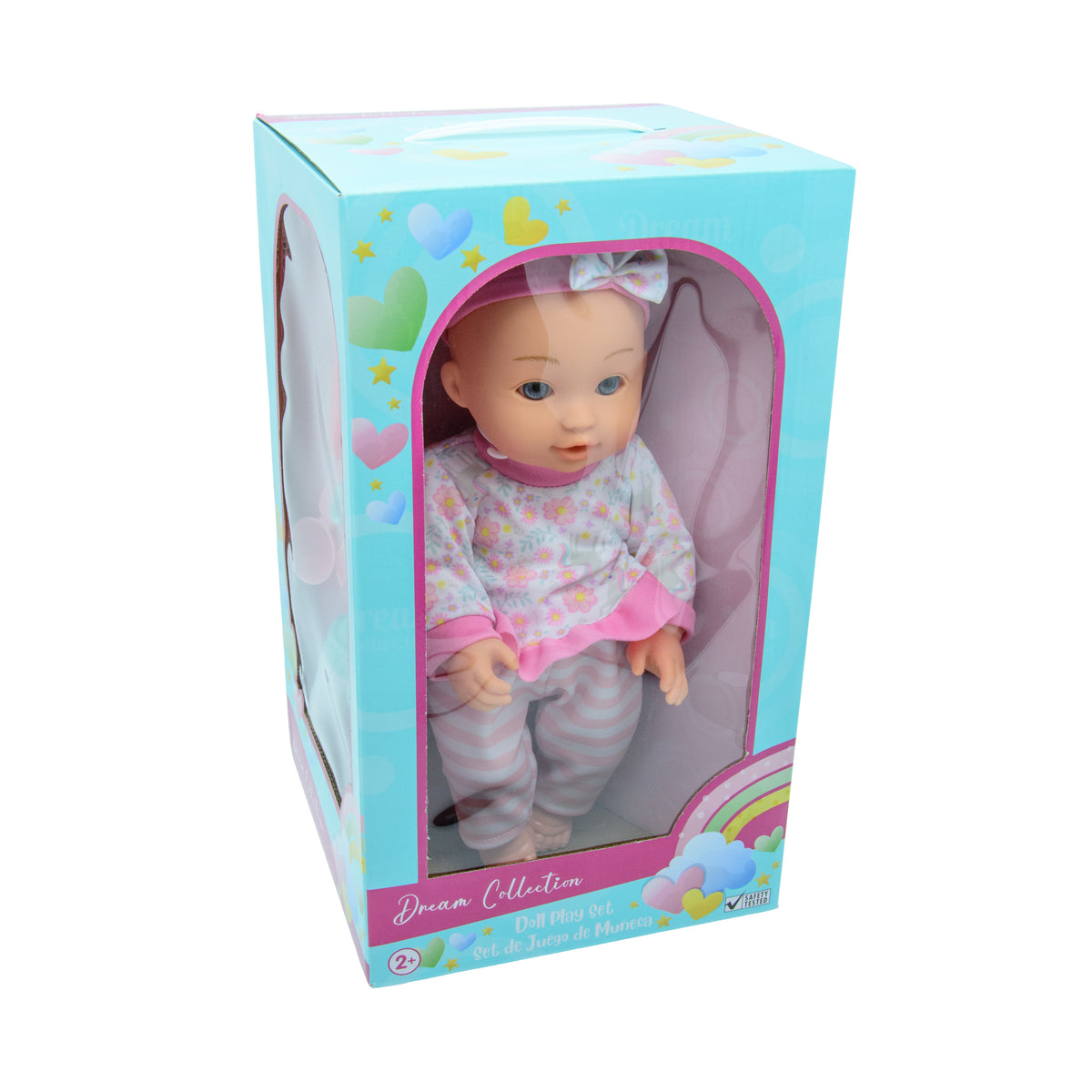 A 12-inch baby doll in a pink outfit with a bow, packaged in a box with a blue and pink design.