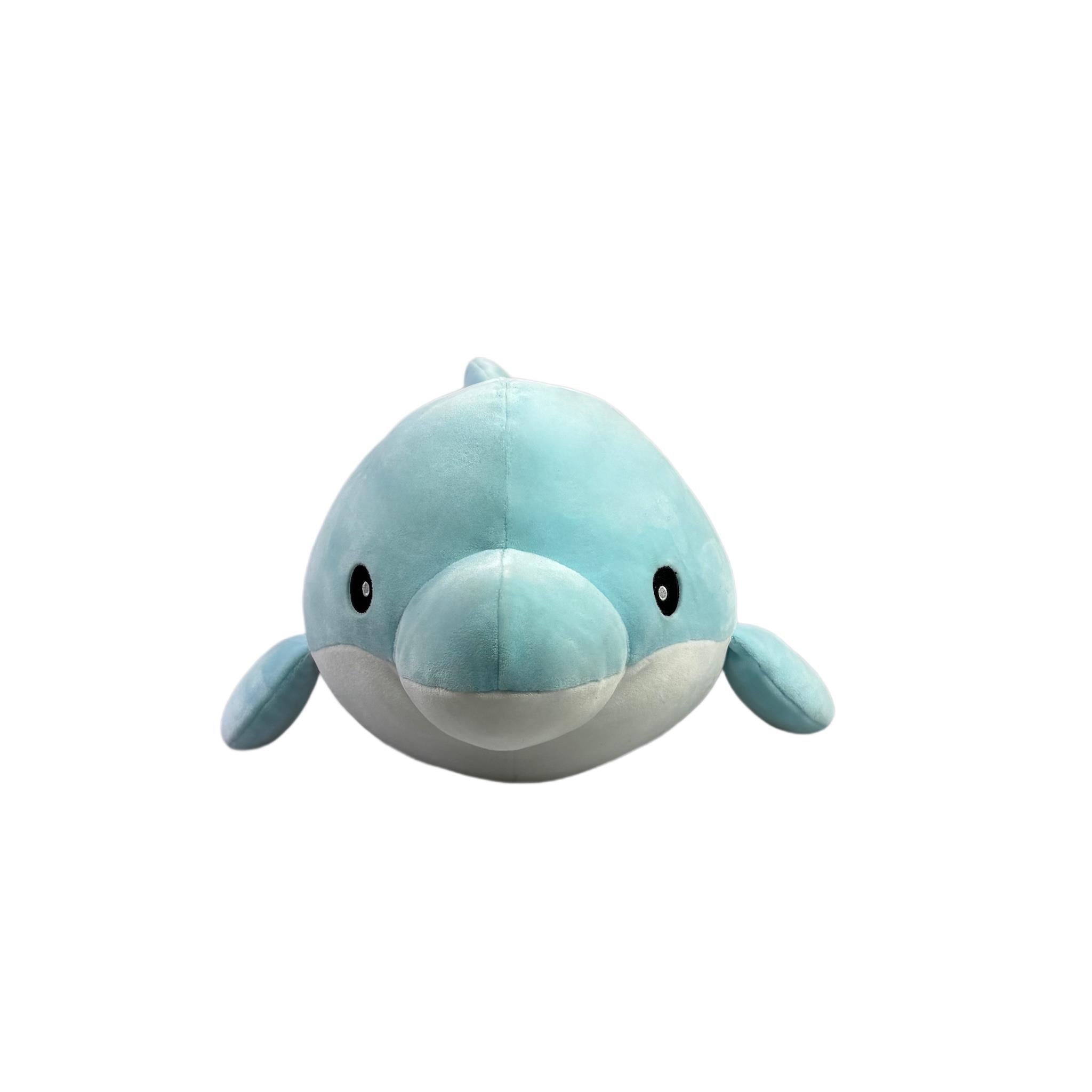 Light blue and with dolphin stuffed animal. Soft and squishy with black stitched eyes.