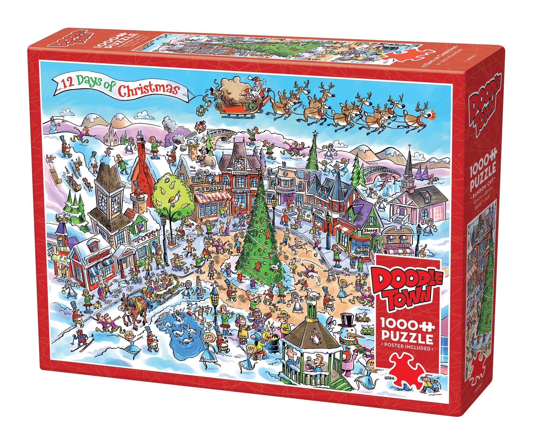 A 1000 piece Doodletown puzzle box featuring an illustrated Christmas market scene with various whimsical characters and a tree.