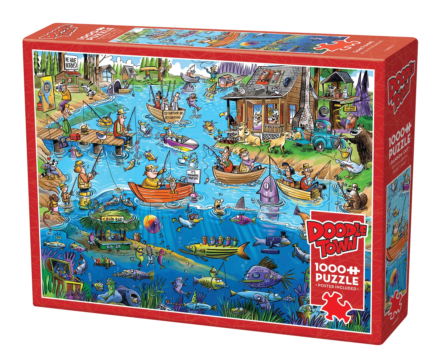 A 1000 piece jigsaw puzzle box featuring a whimsical illustration of various characters and animals on a fishing trip.