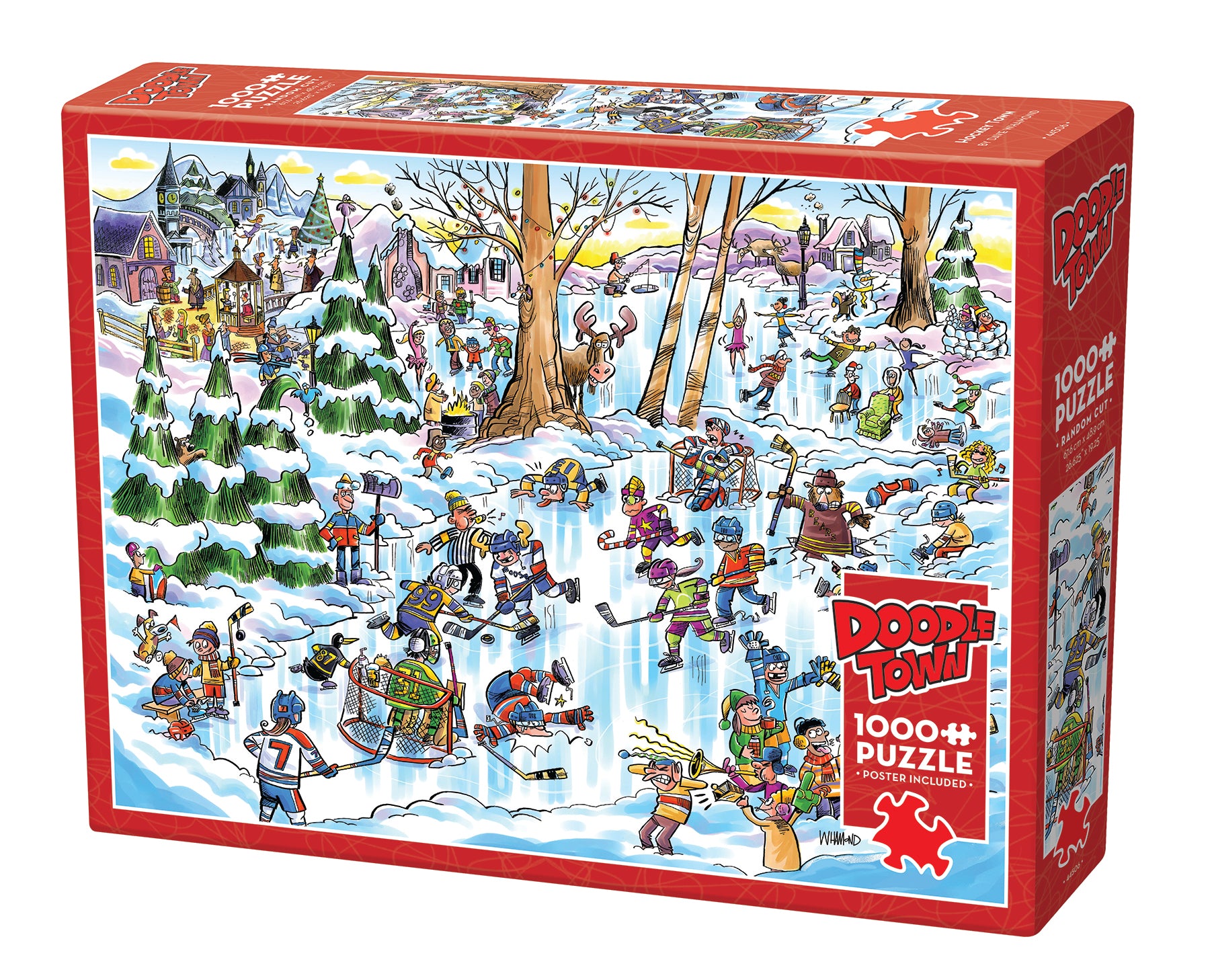A 1000 piece jigsaw puzzle box featuring a whimsical winter hockey scene with cartoon characters and a beaver.