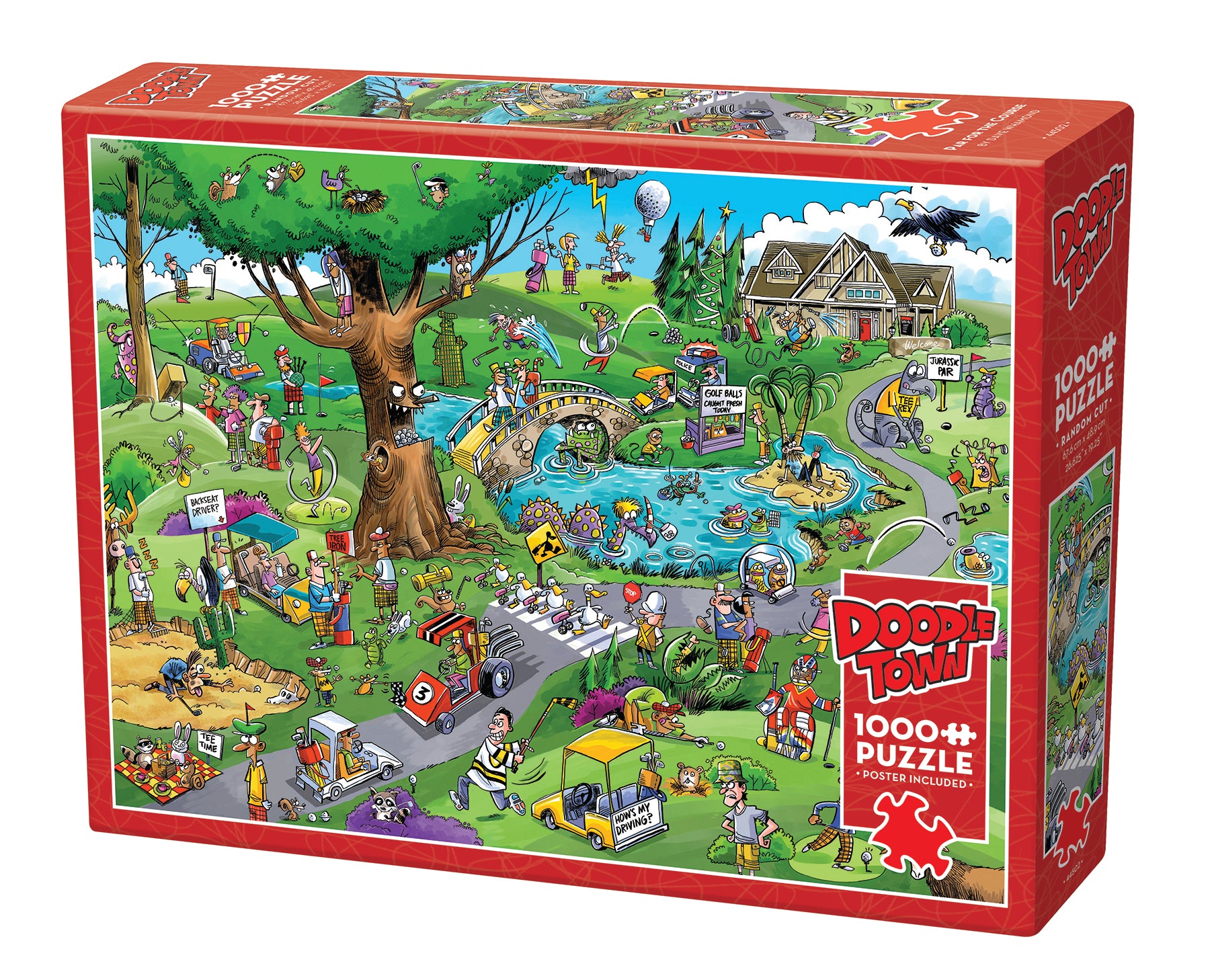 A 1000-piece jigsaw puzzle with a cartoon depiction of a golf course scene, including various whimsical characters and hidden images.