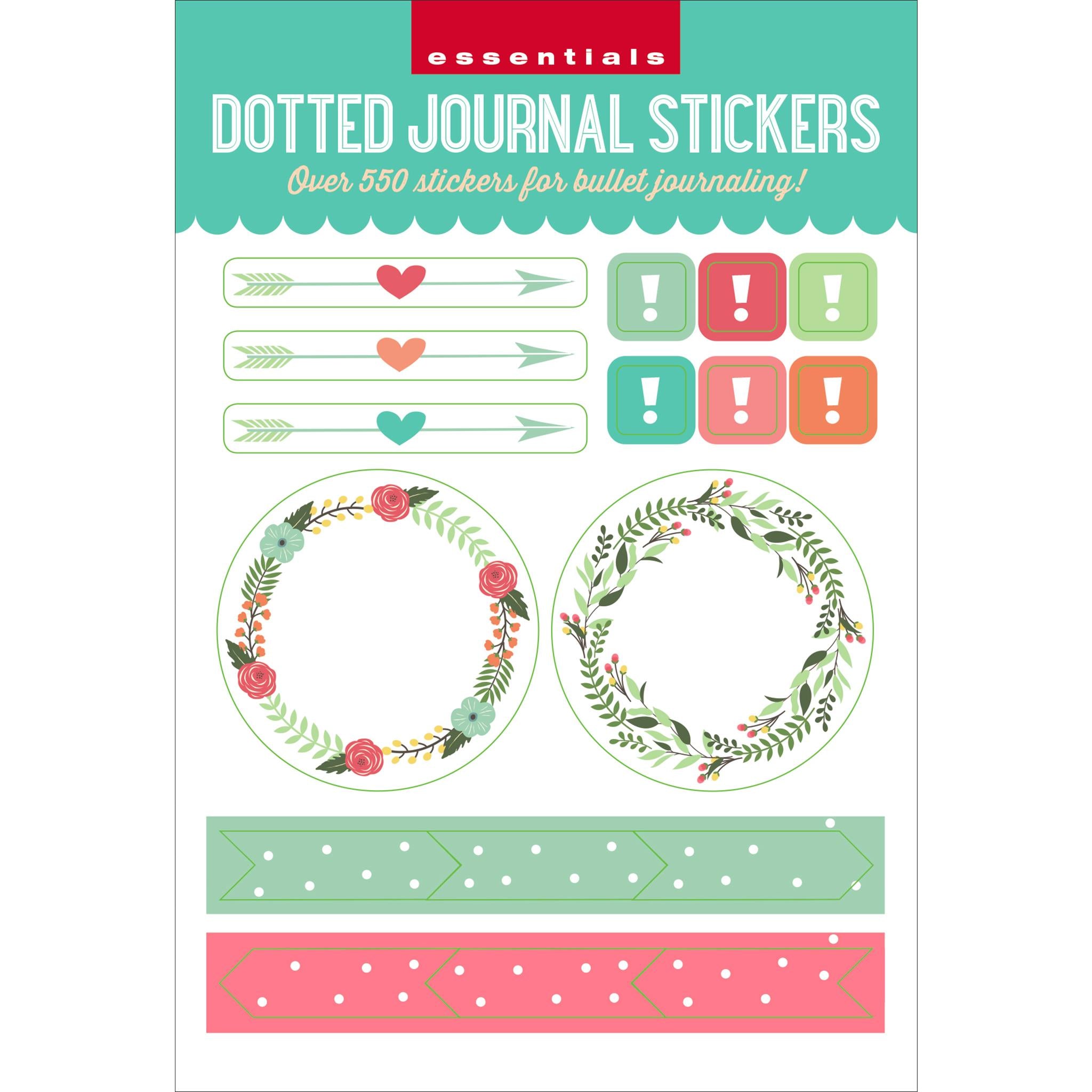 A variety of colorful journal stickers including floral motifs, hearts, stars, and text headers, intended for use in planners and bullet journals.