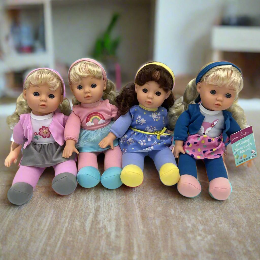 Four soft bodied dolls with assorted outfits, seated side by side.
