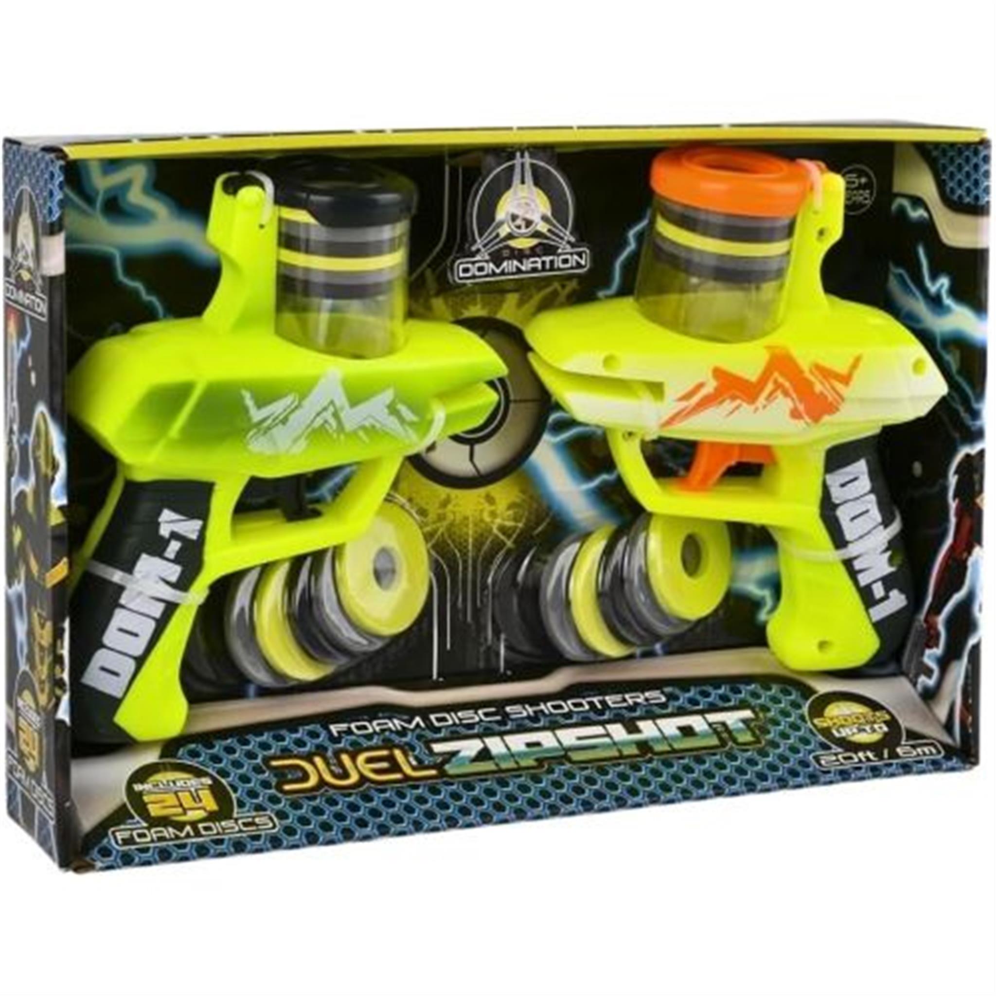 Packaging for a set of 2 Duel Zipshot Disc Shooters with green and orange triggers, alongside multiple yellow, green, and orange foam discs.