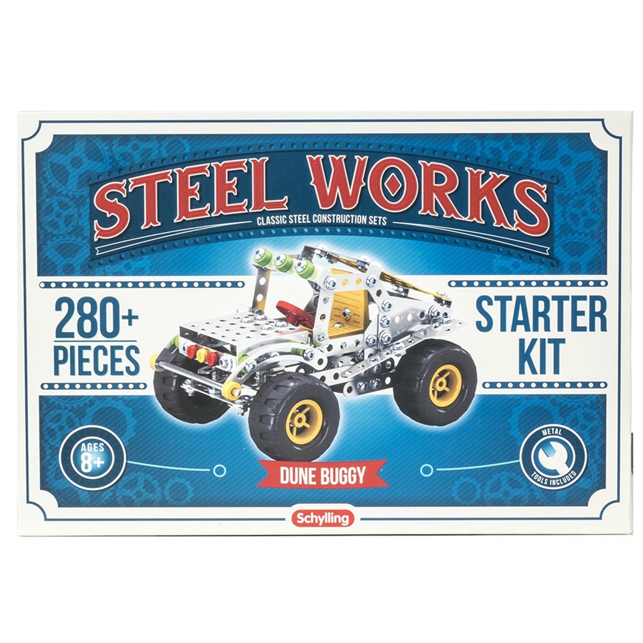 Packaging for the Steel Works Dune Buggy construction set featuring the toy vehicle and text detailing the number of pieces and age suitability.